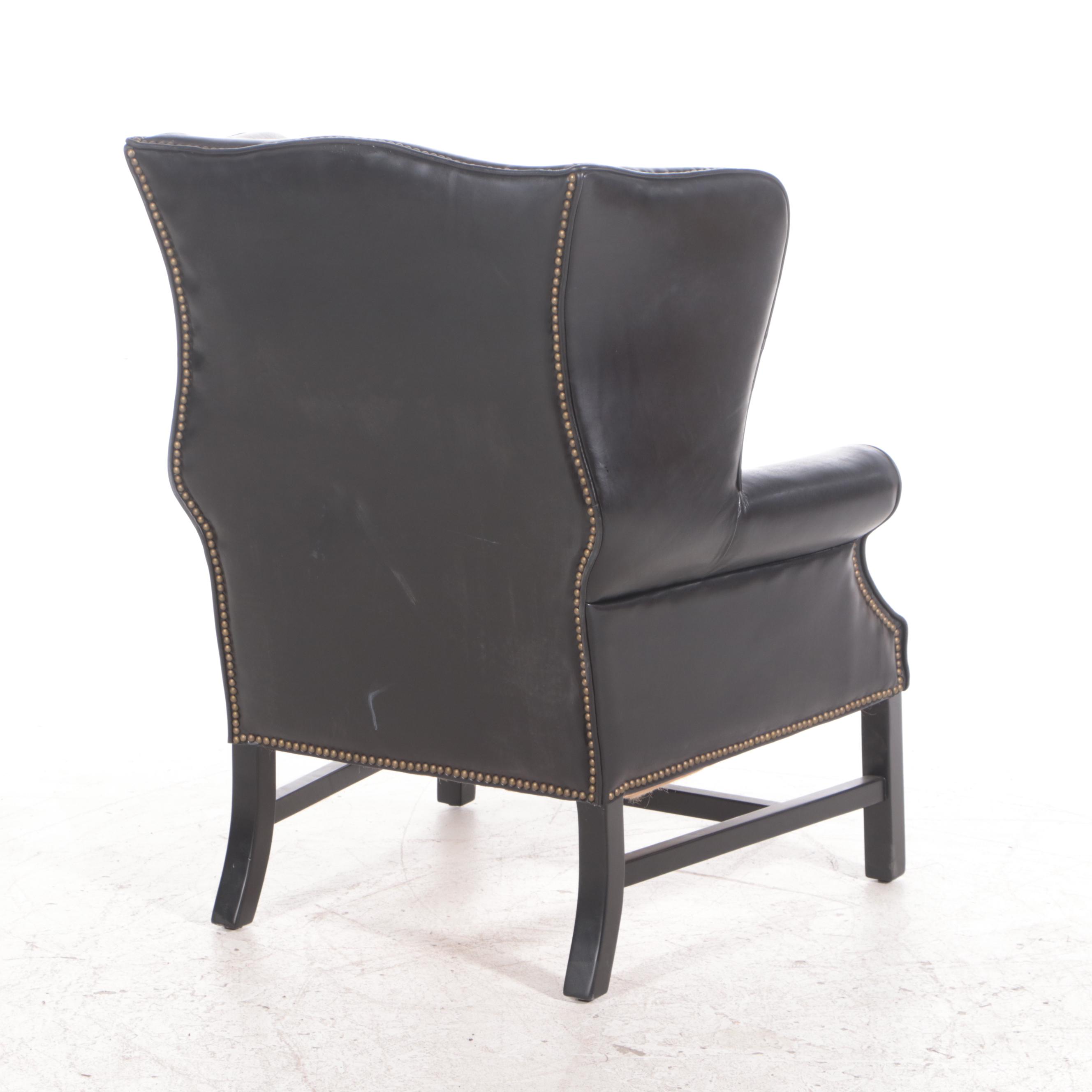 Brass Nailhead Trimmed Leather Wingback Armchair