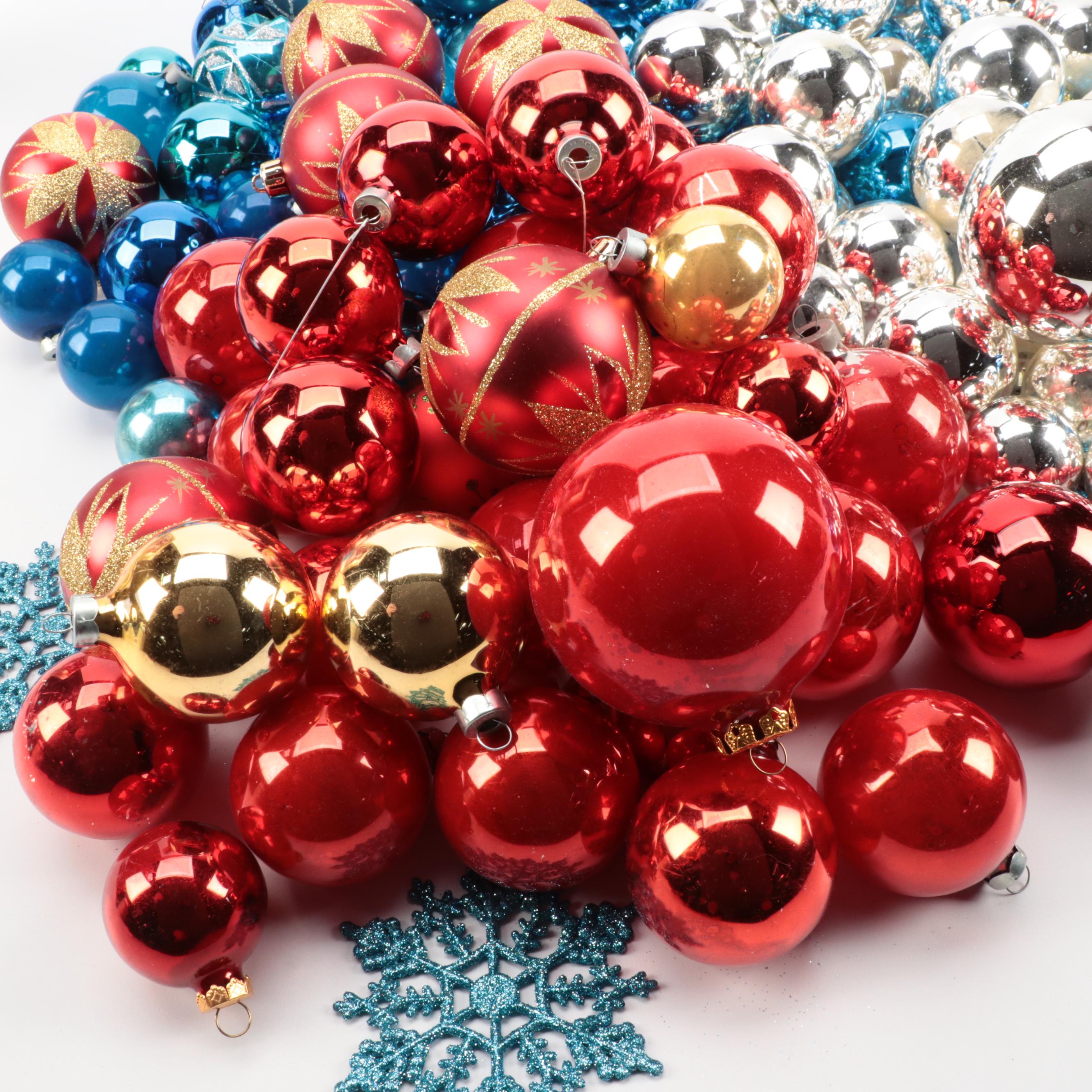 Glass Christmas Ornaments in Red, Blue, and Silver