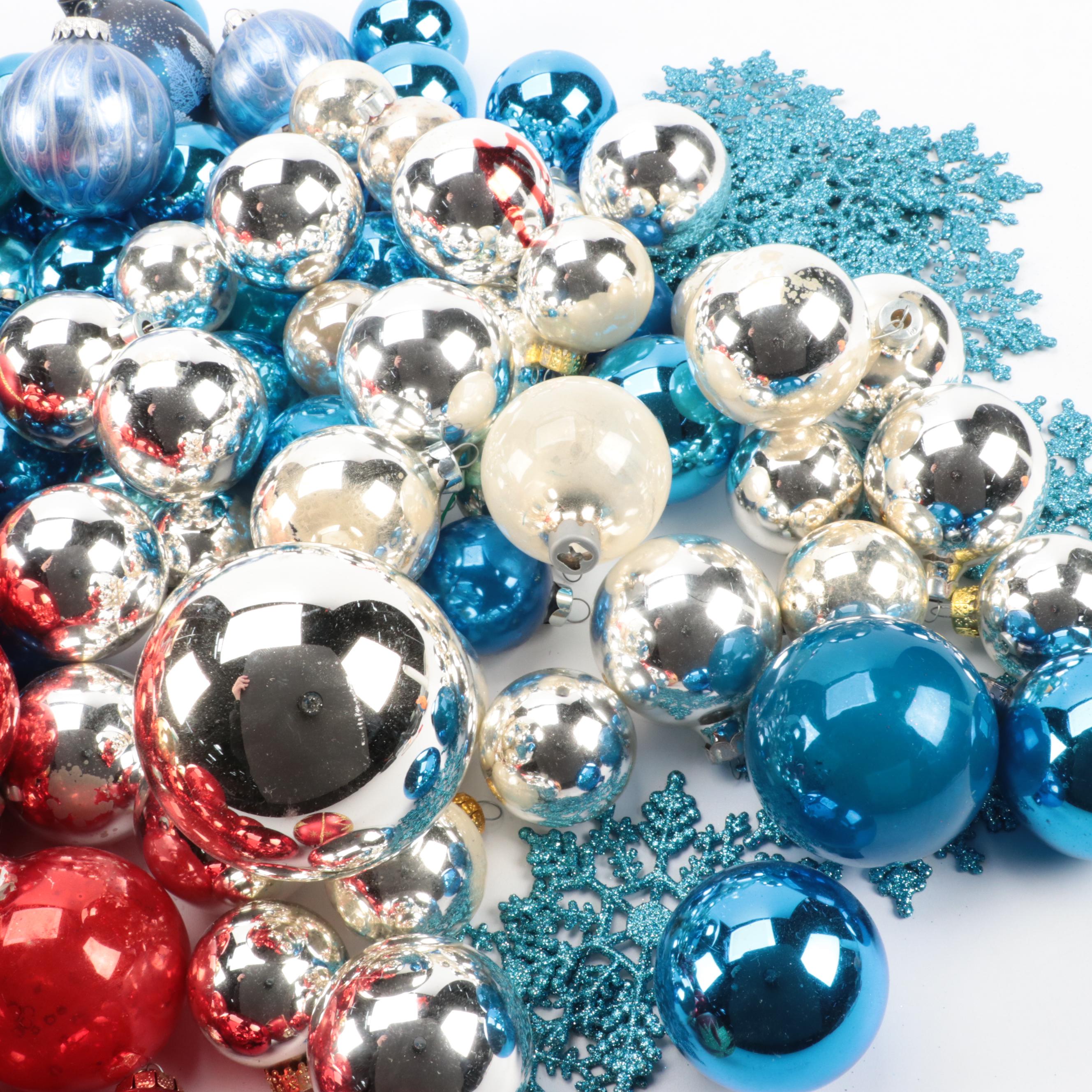 Glass Christmas Ornaments in Red, Blue, and Silver