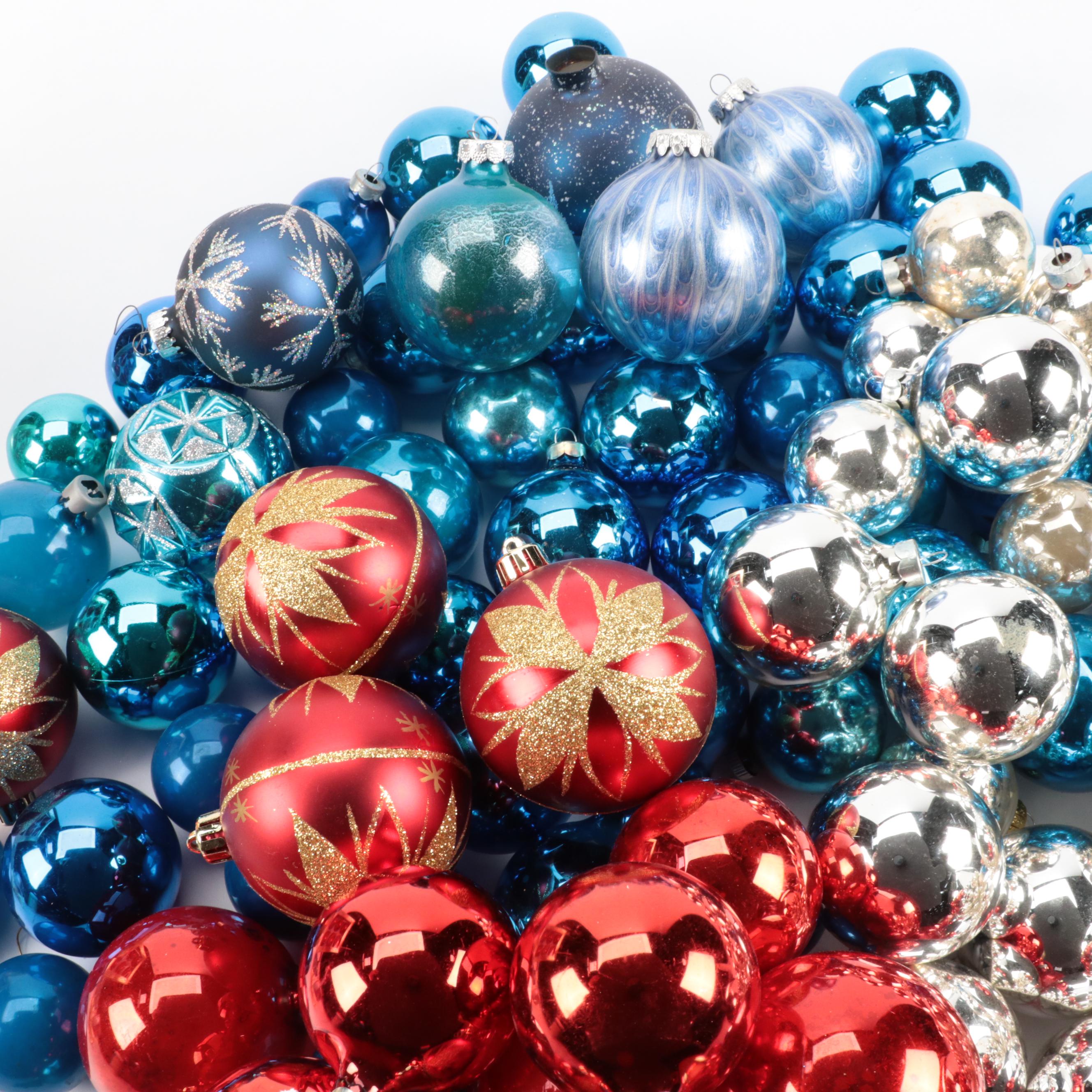Glass Christmas Ornaments in Red, Blue, and Silver
