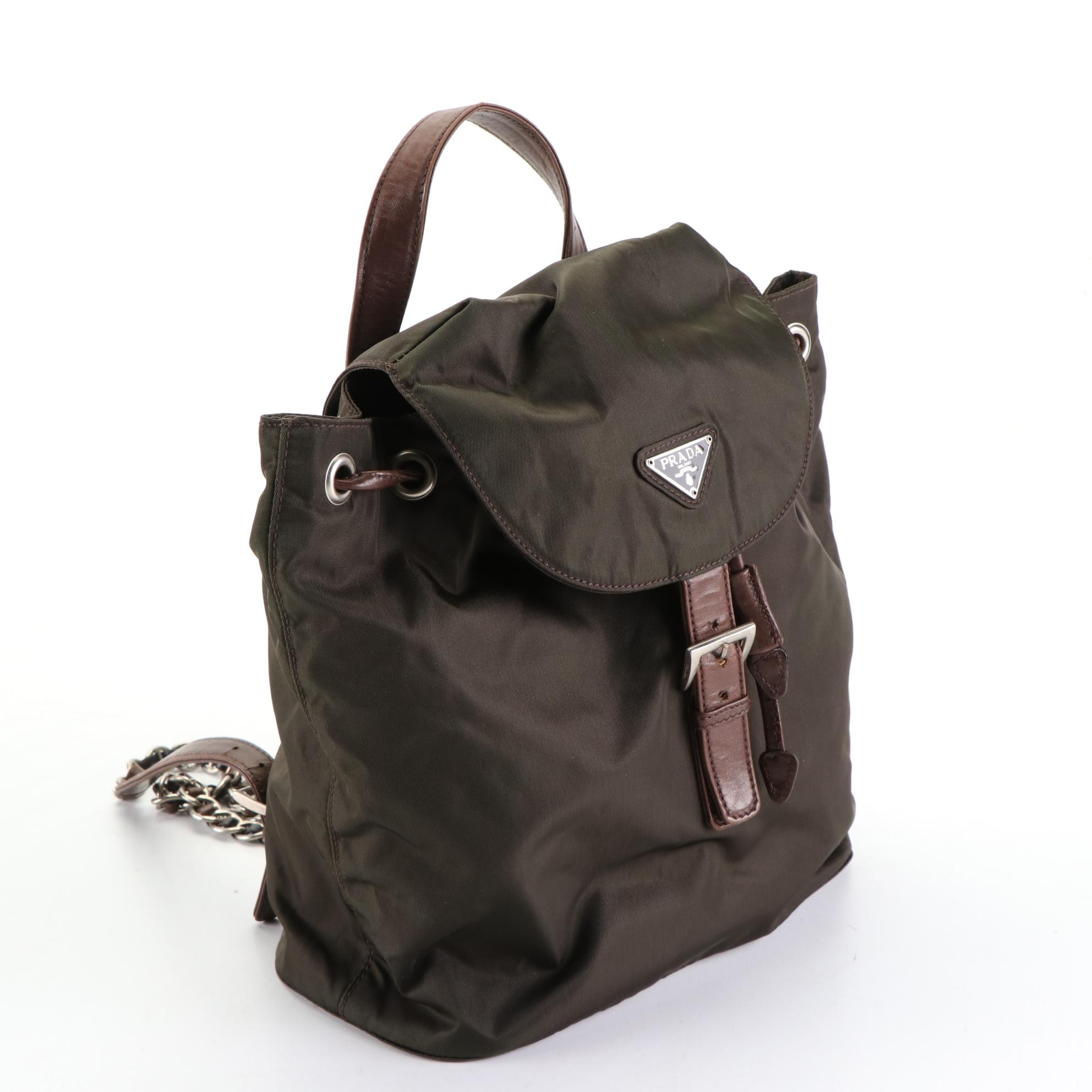 Prada Chain Strap Backpack in Green Nylon and Brown Leather