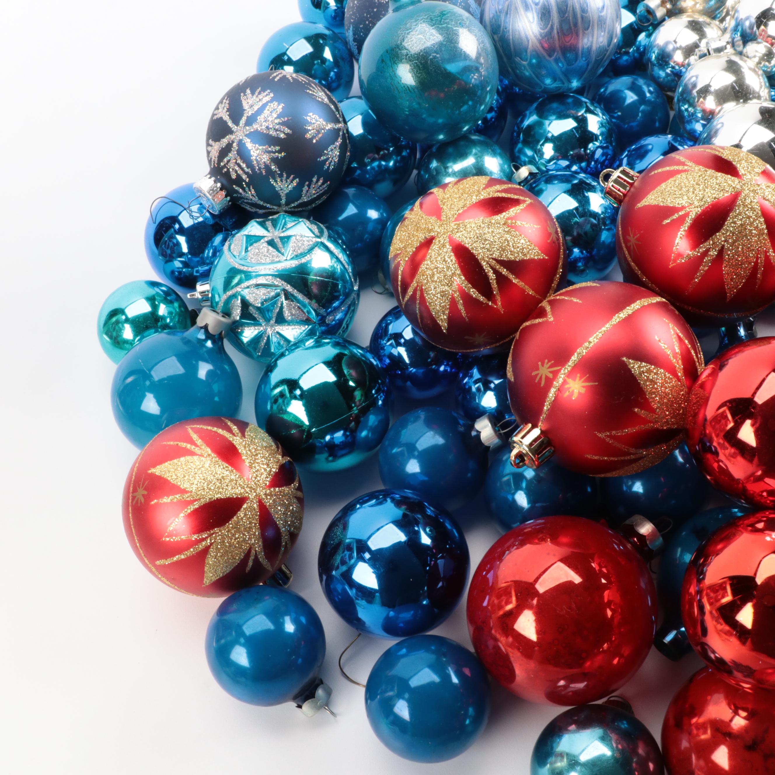 Glass Christmas Ornaments in Red, Blue, and Silver