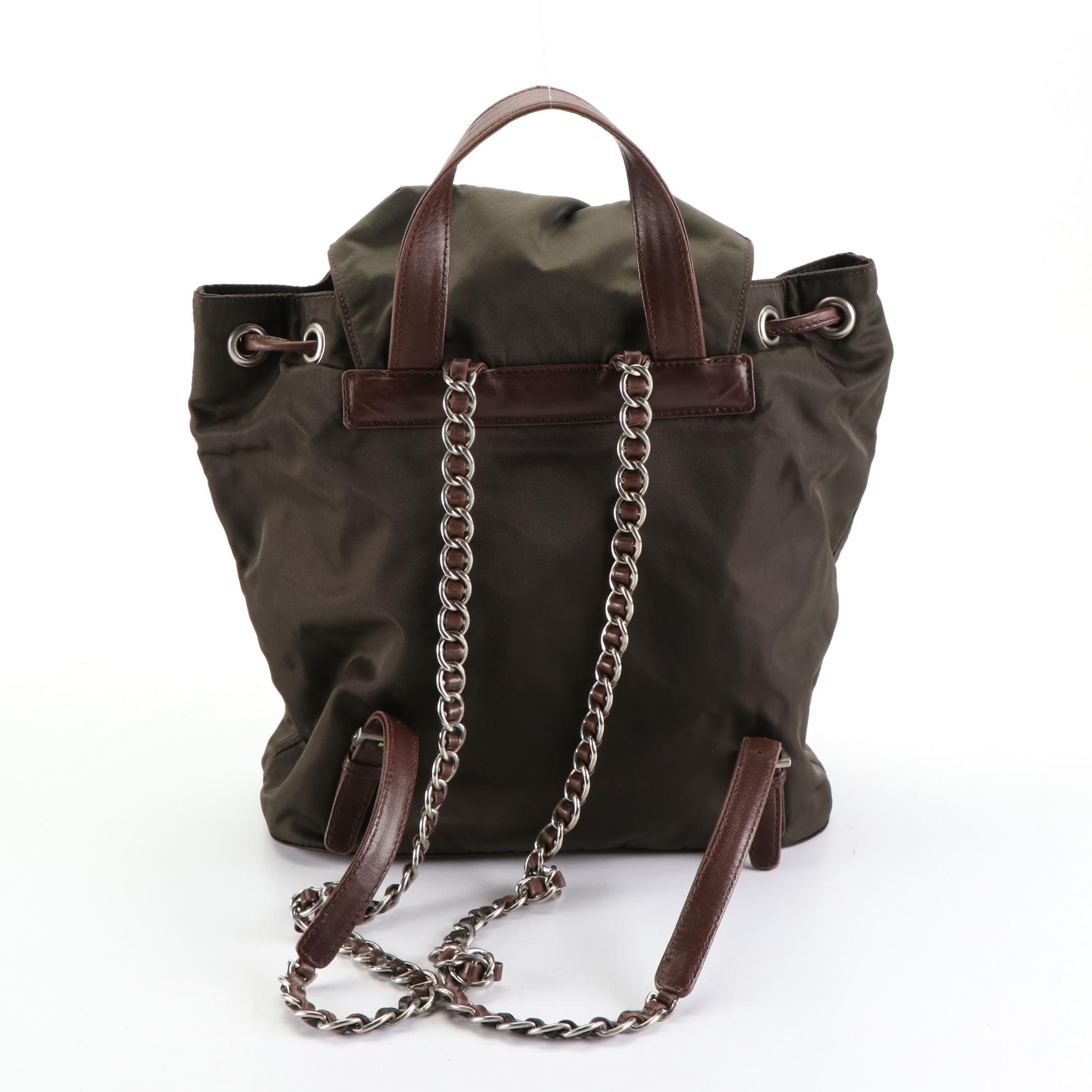 Prada Chain Strap Backpack in Green Nylon and Brown Leather