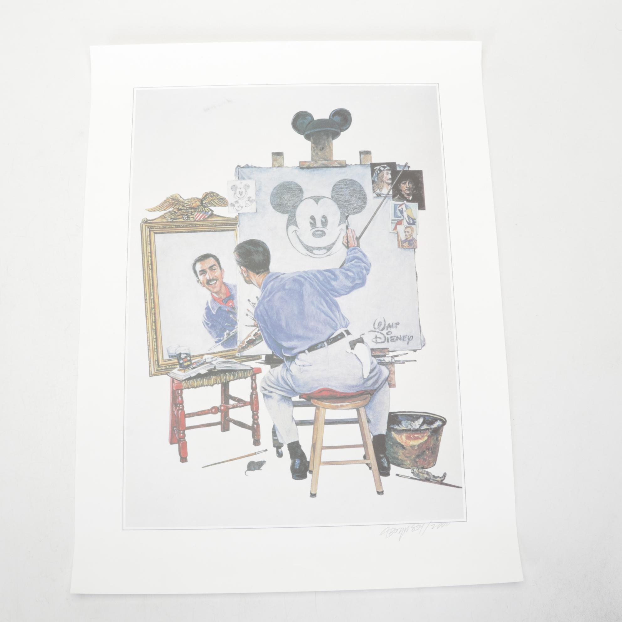 Charles Boyer Offset Lithograph "Walt and Mickey Mouse" With Disney Postcards