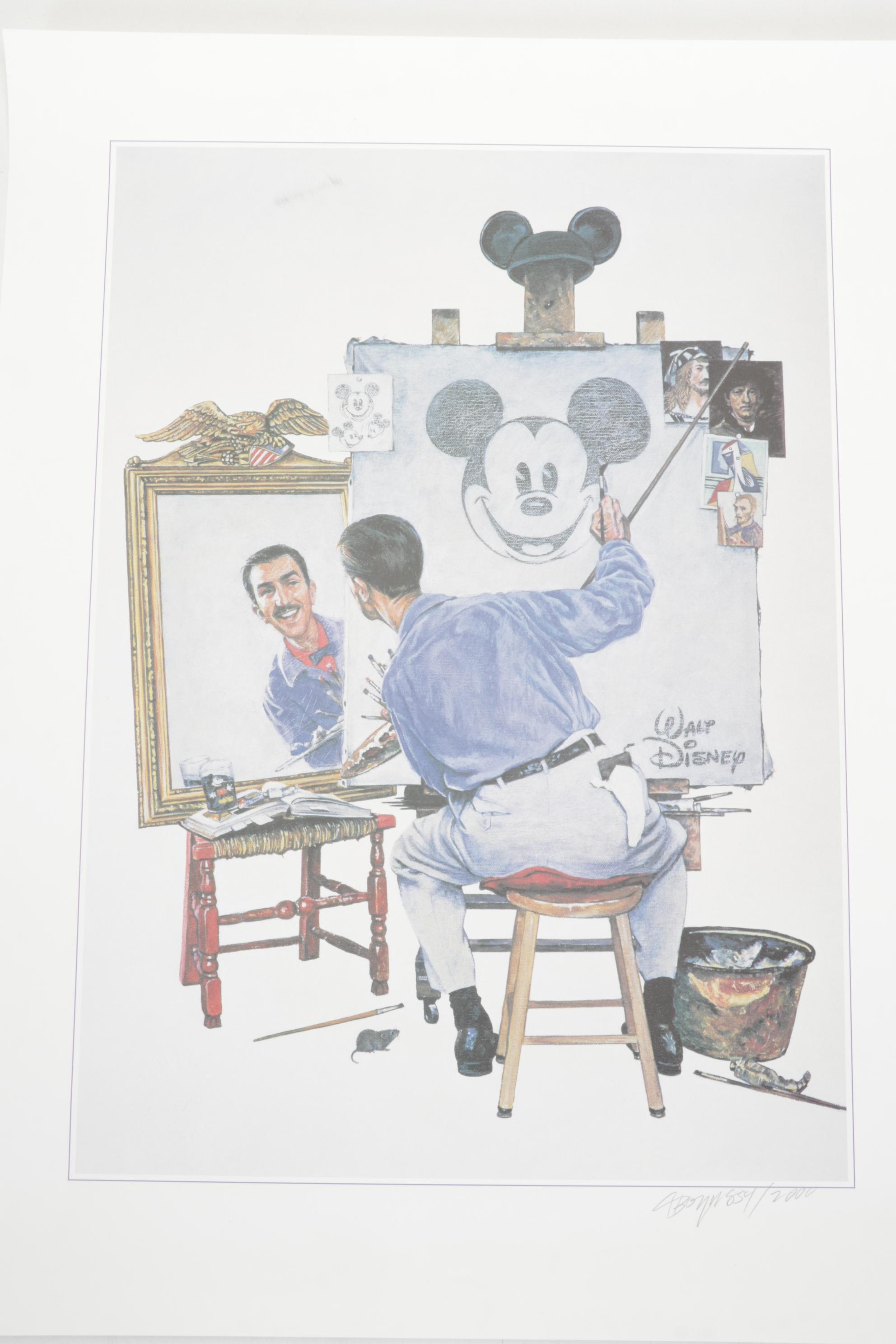 Charles Boyer Offset Lithograph "Walt and Mickey Mouse" With Disney Postcards