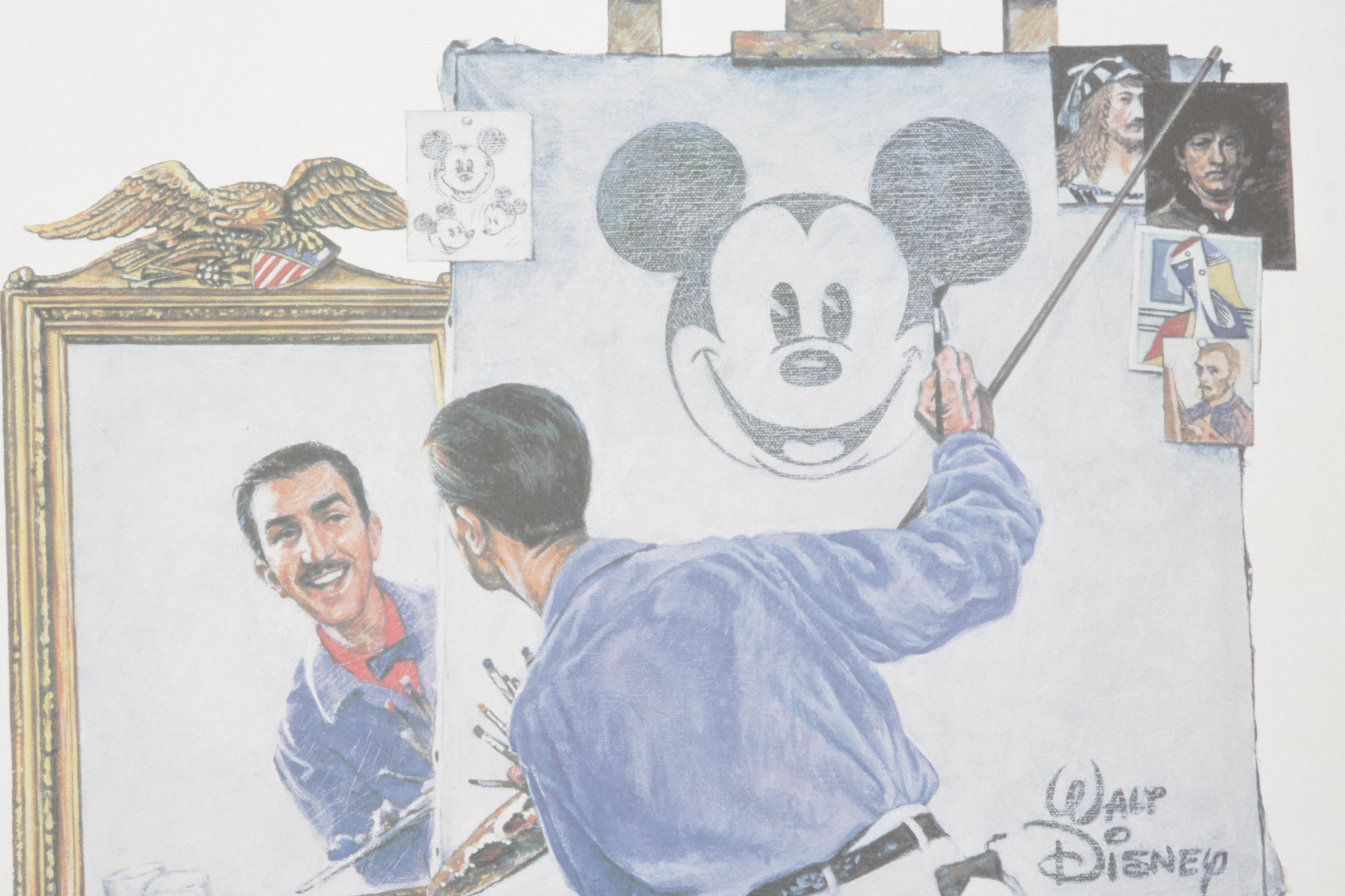 Charles Boyer Offset Lithograph "Walt and Mickey Mouse" With Disney Postcards