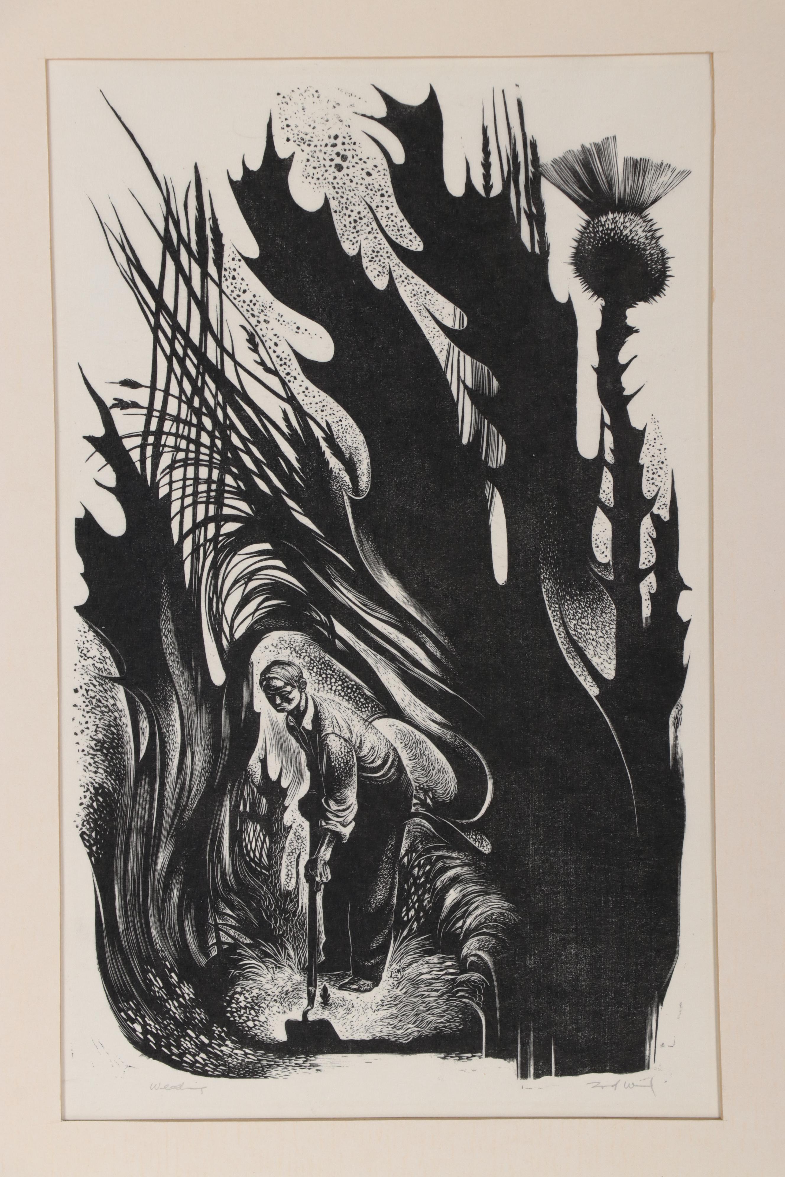 Lynd Ward Wood Engraving "Weeding," 1954