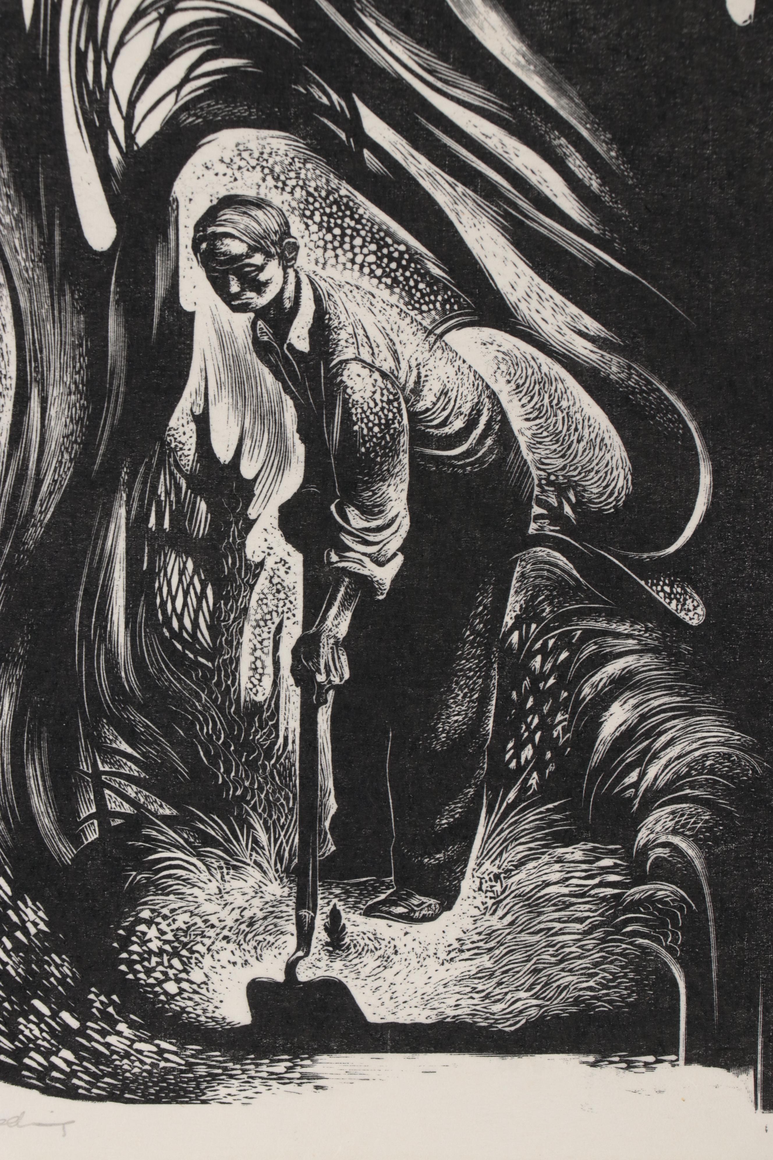 Lynd Ward Wood Engraving "Weeding," 1954