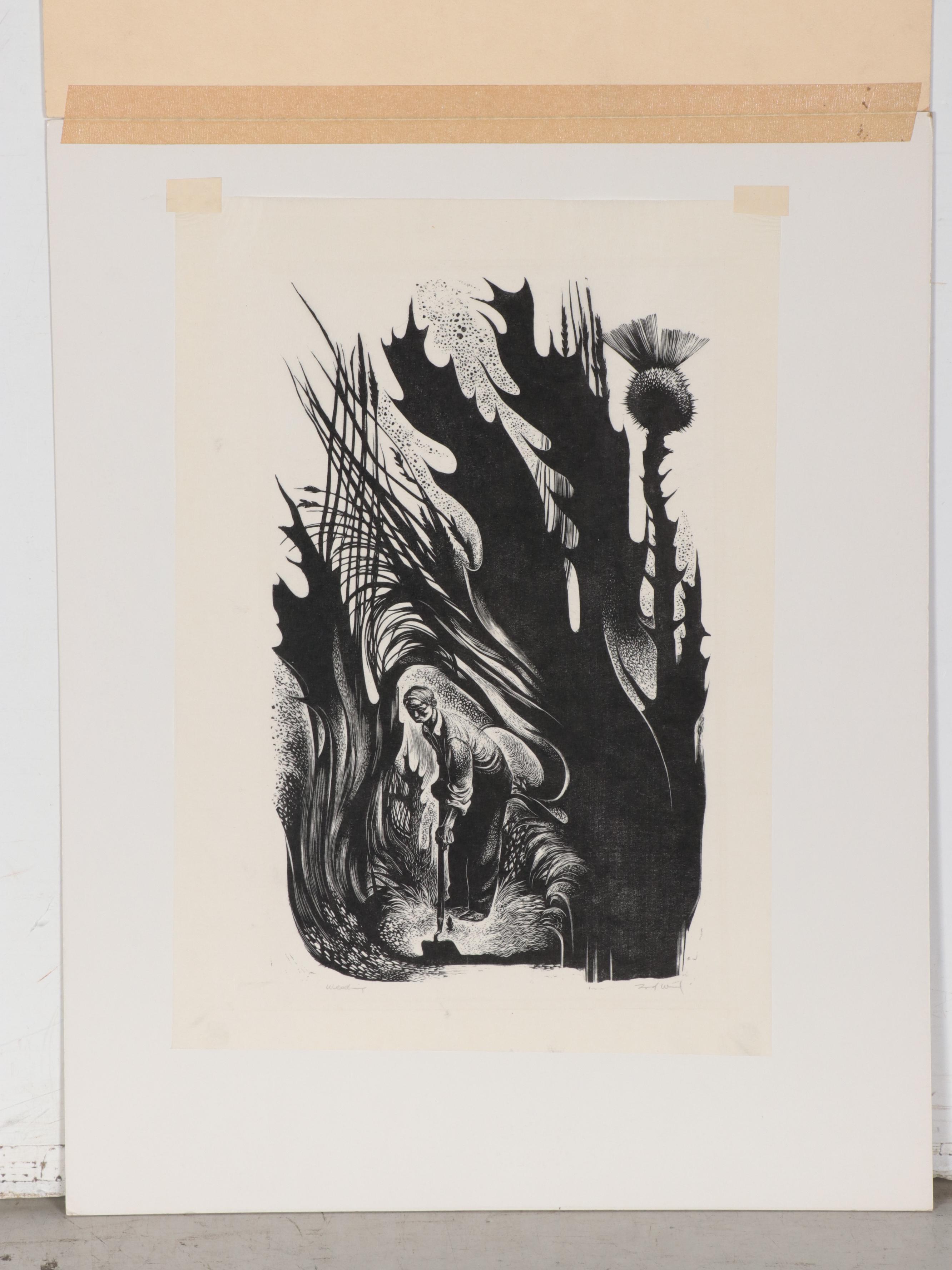 Lynd Ward Wood Engraving "Weeding," 1954