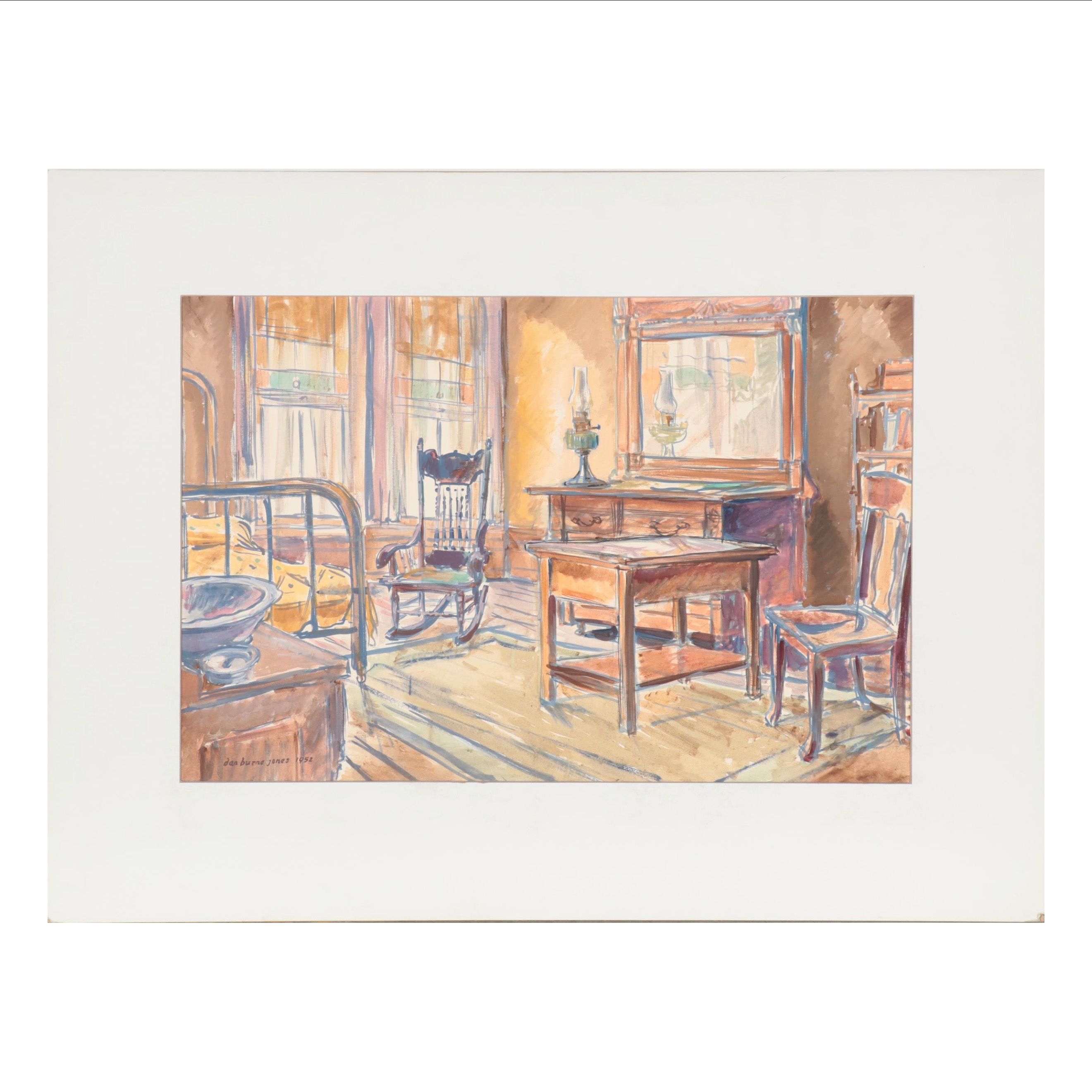 Dan Burne Jones Gouache Painting of Thomas Wolfe House Interior, 1952