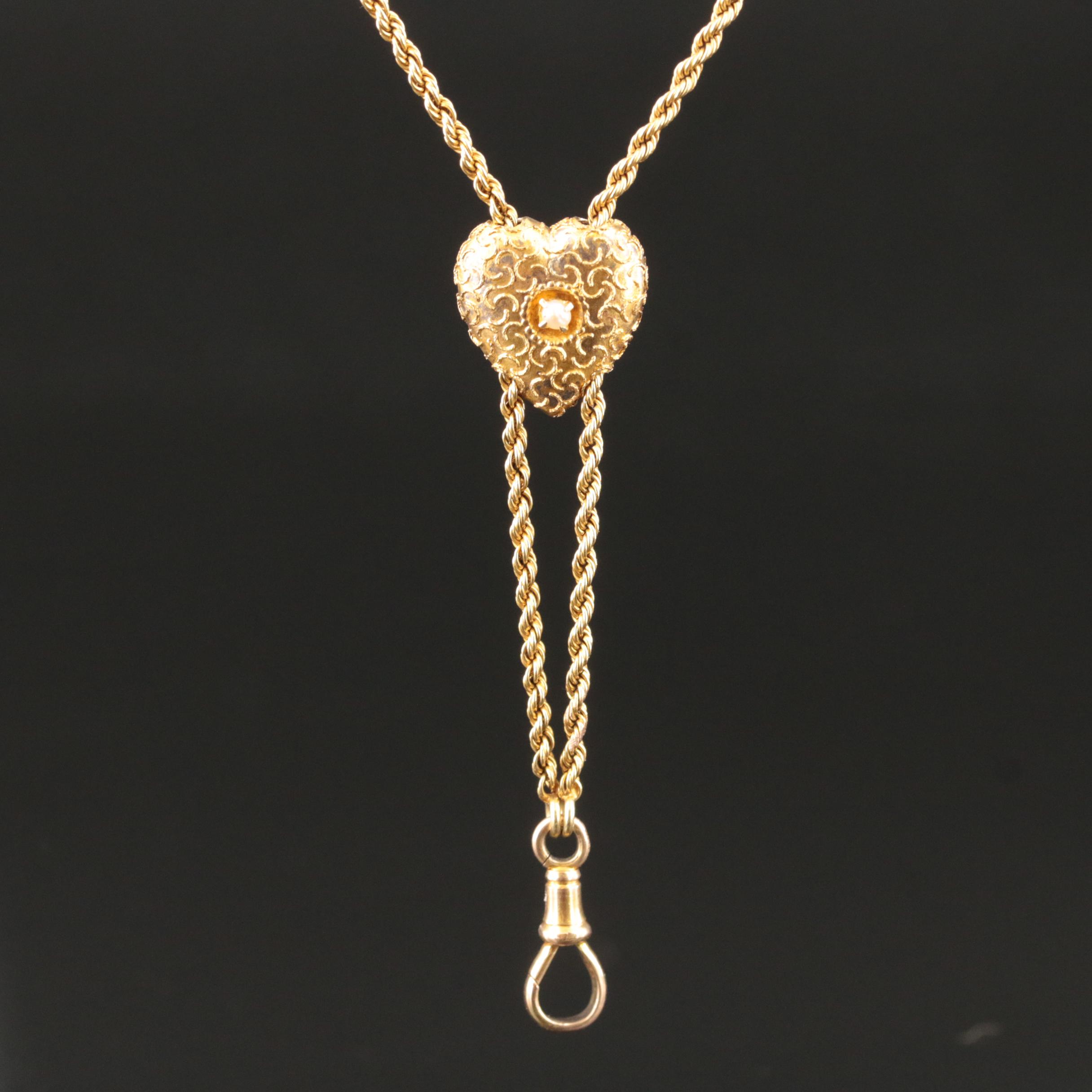 Antique 14K Long Watch Guard Rope Chain with Heart Pearl Slide Necklace