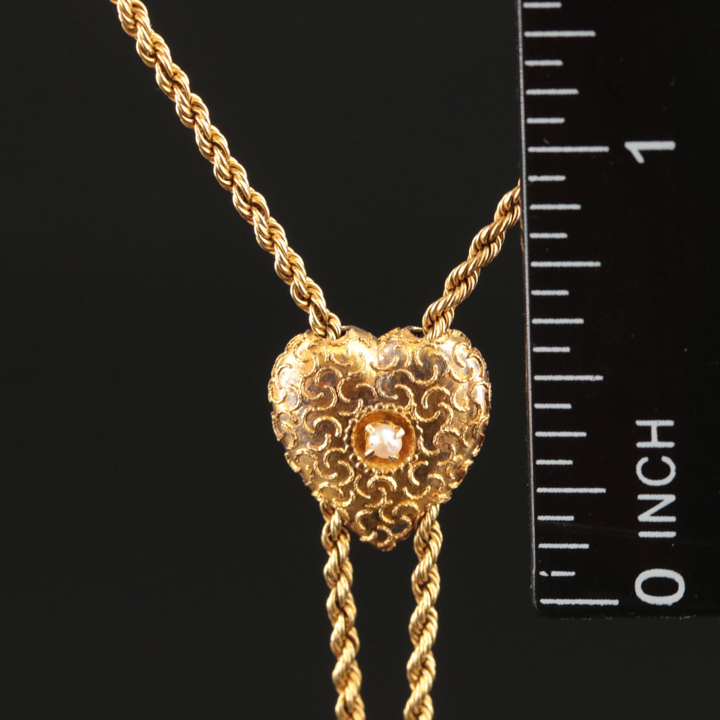 Antique 14K Long Watch Guard Rope Chain with Heart Pearl Slide Necklace