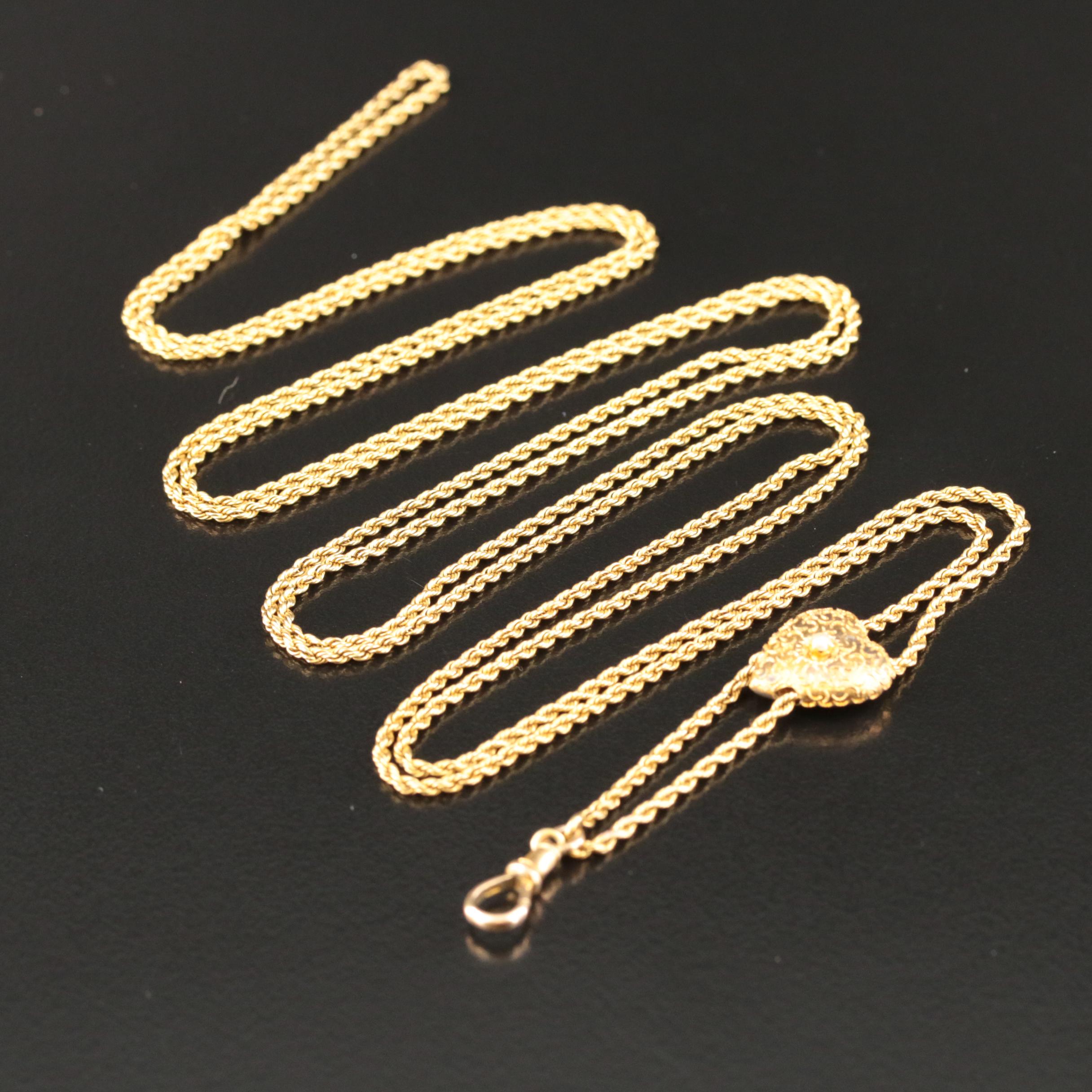 Antique 14K Long Watch Guard Rope Chain with Heart Pearl Slide Necklace