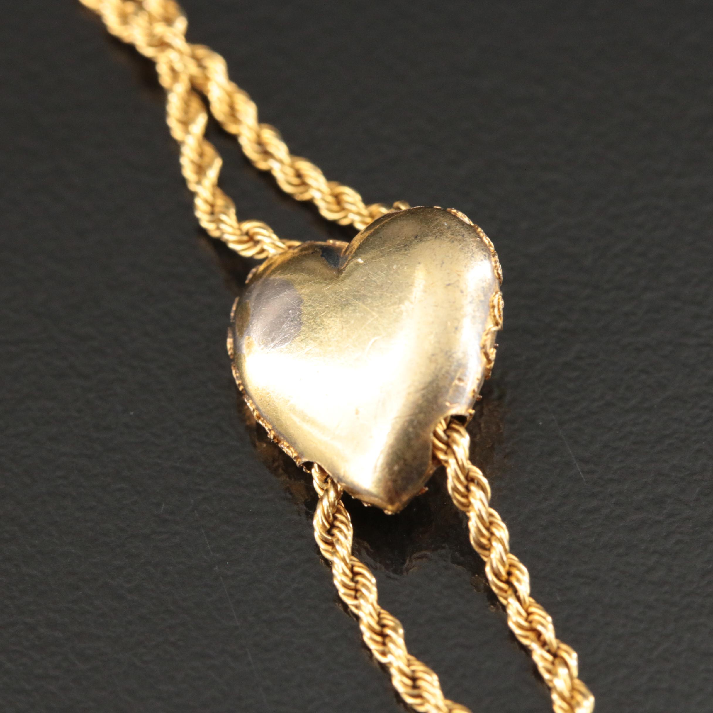 Antique 14K Long Watch Guard Rope Chain with Heart Pearl Slide Necklace
