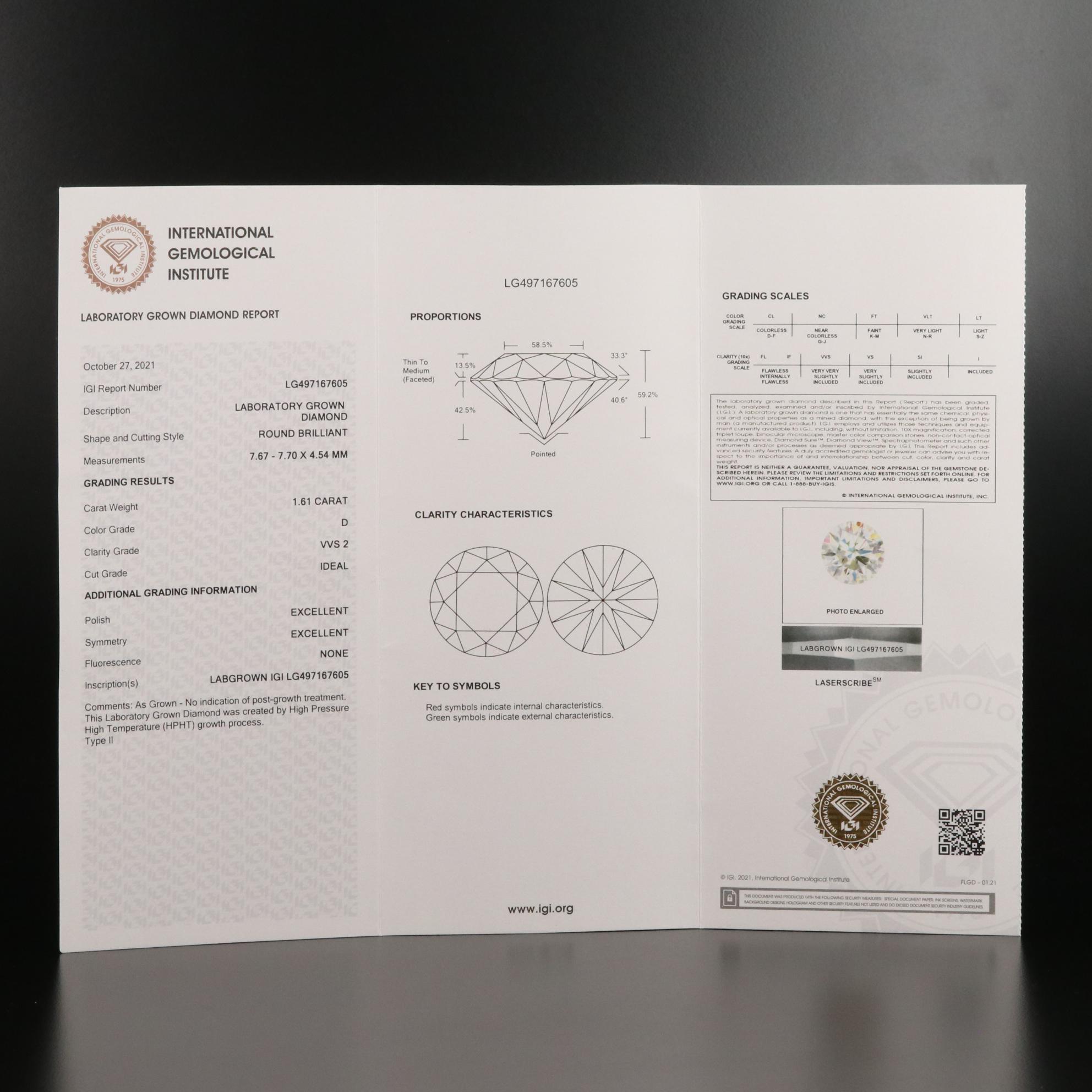 Loose 1.61 CT Lab Grown Diamond with IGI Report