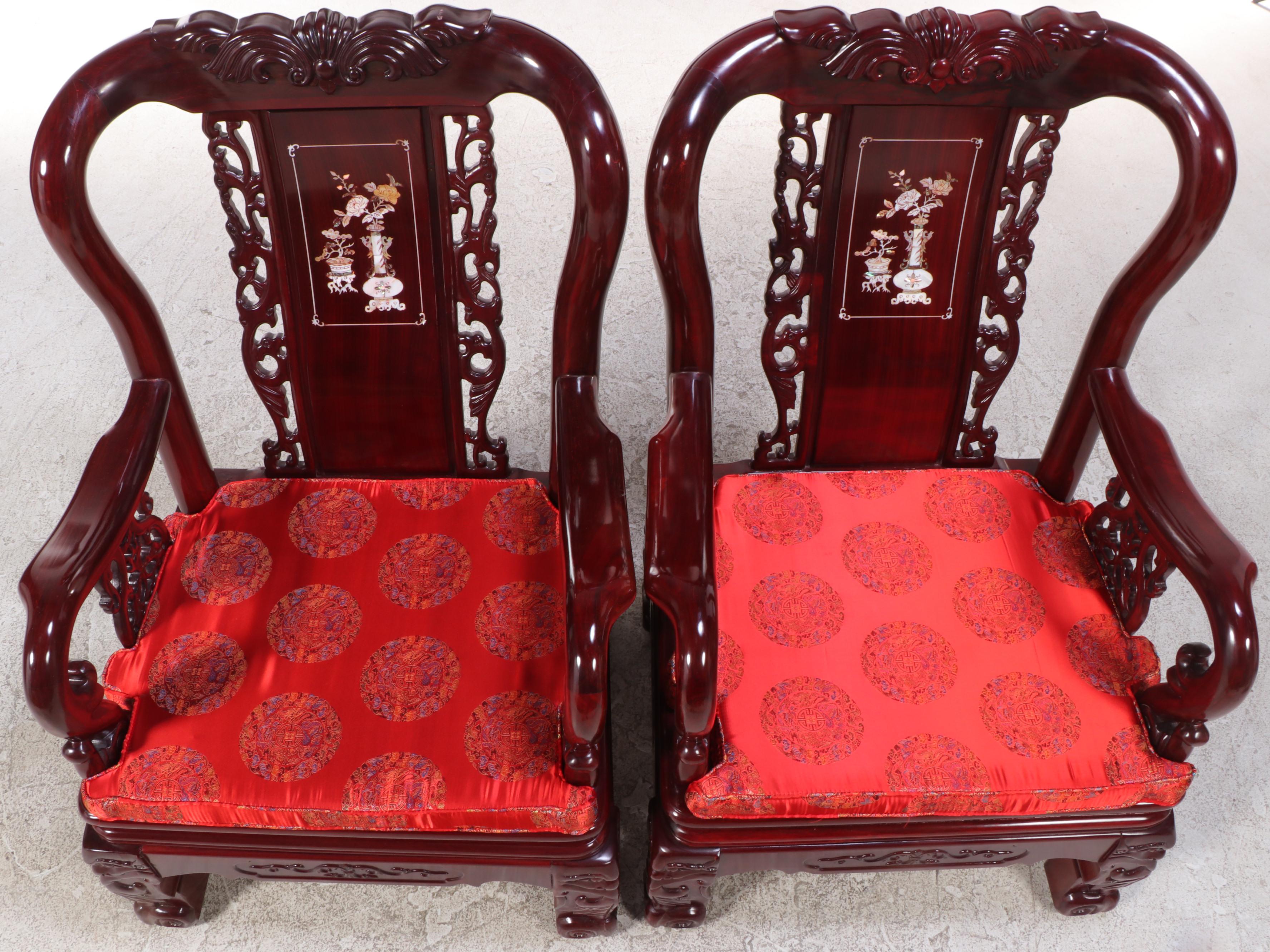 Pair of Chinese Carved Hardwood and Shell-Inlaid Armchairs