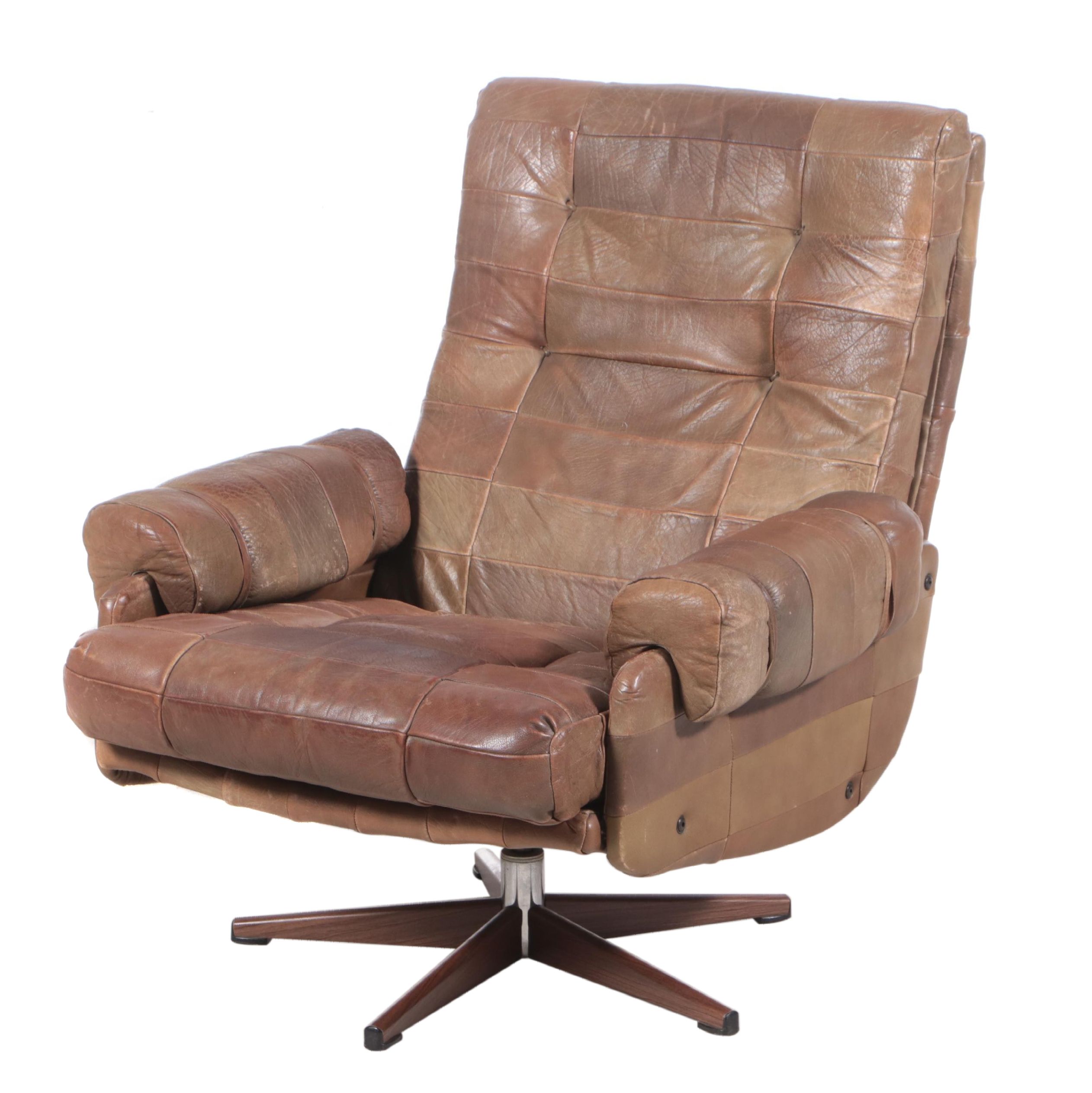 Scandinavian Brown Patchwork Leather Upholstered Lounge Chair