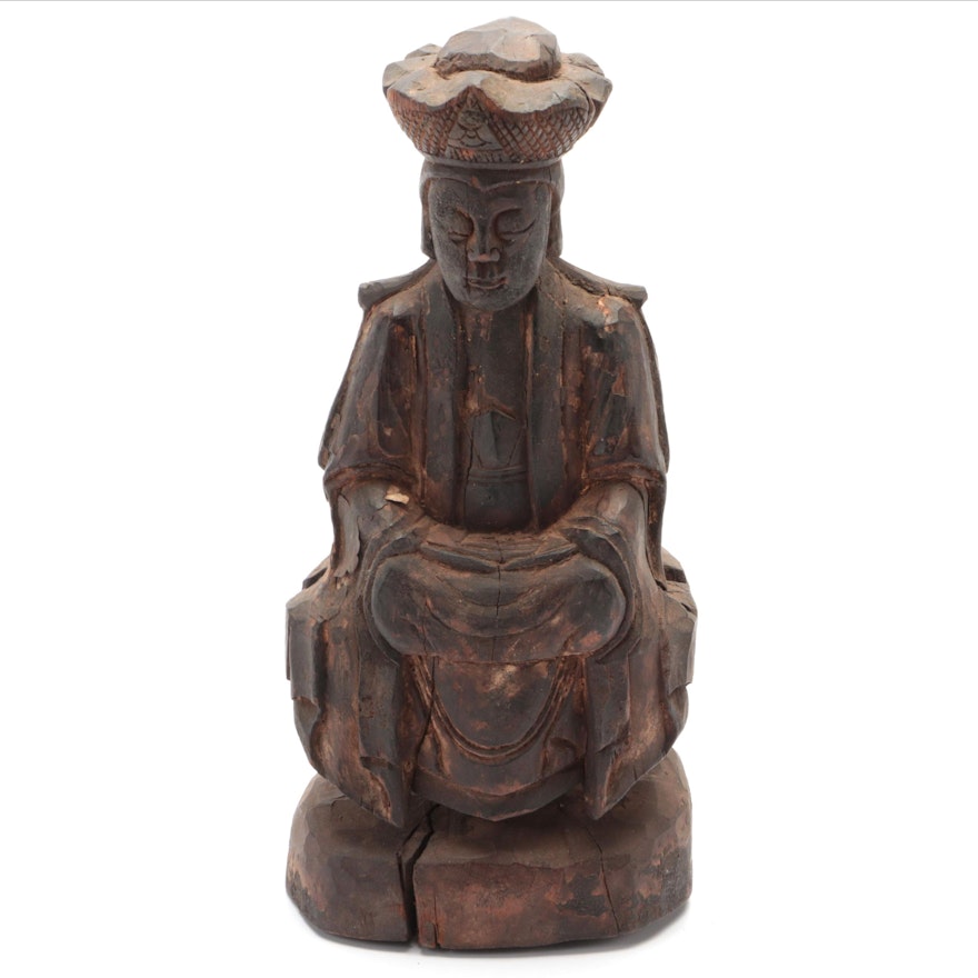 Chinese Carved Wooden Seated Figure of Guanyin, Possibly Late Ming