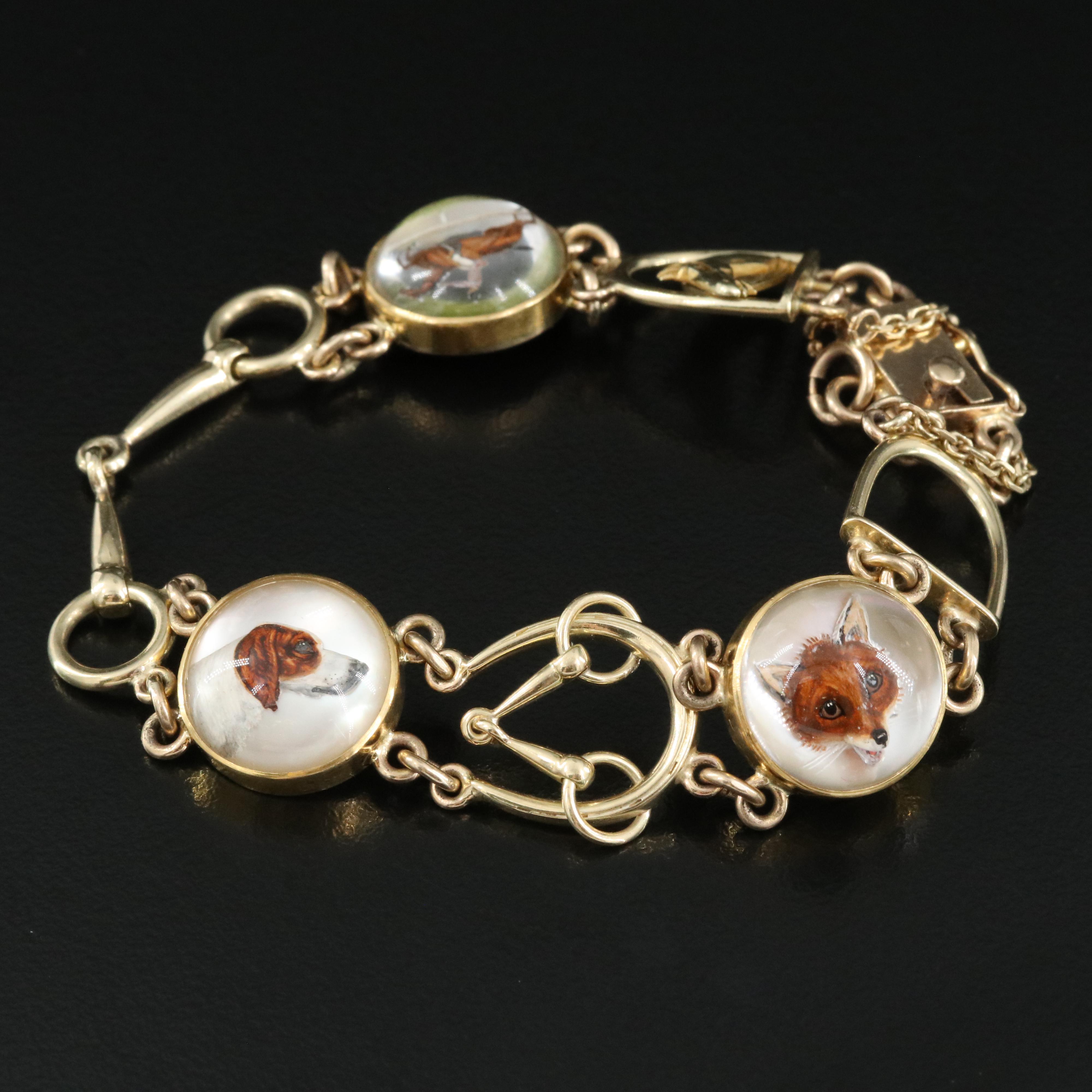 Antique 14K Essex Crystal Equestrian and Fox Hunt Bracelet