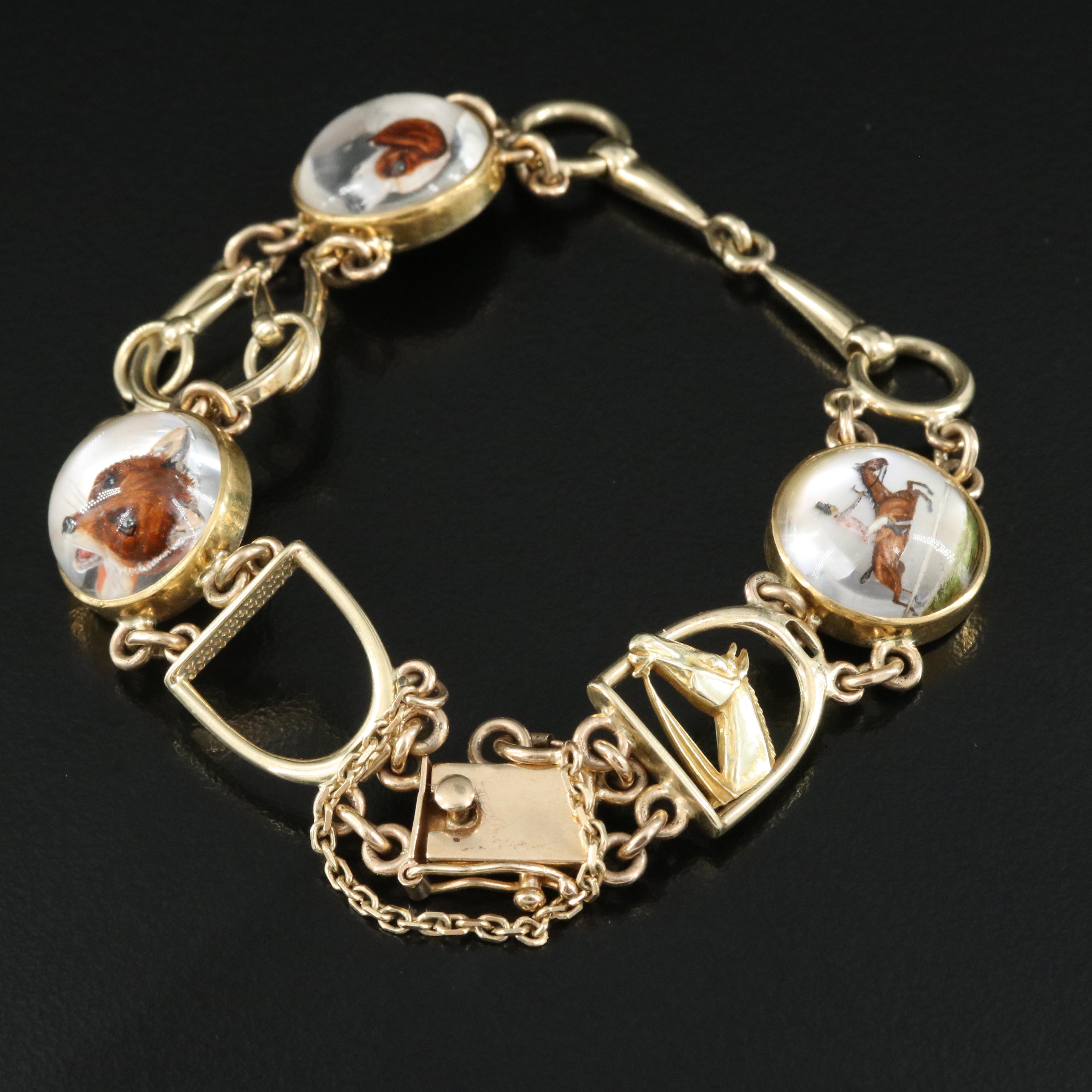 Antique 14K Essex Crystal Equestrian and Fox Hunt Bracelet
