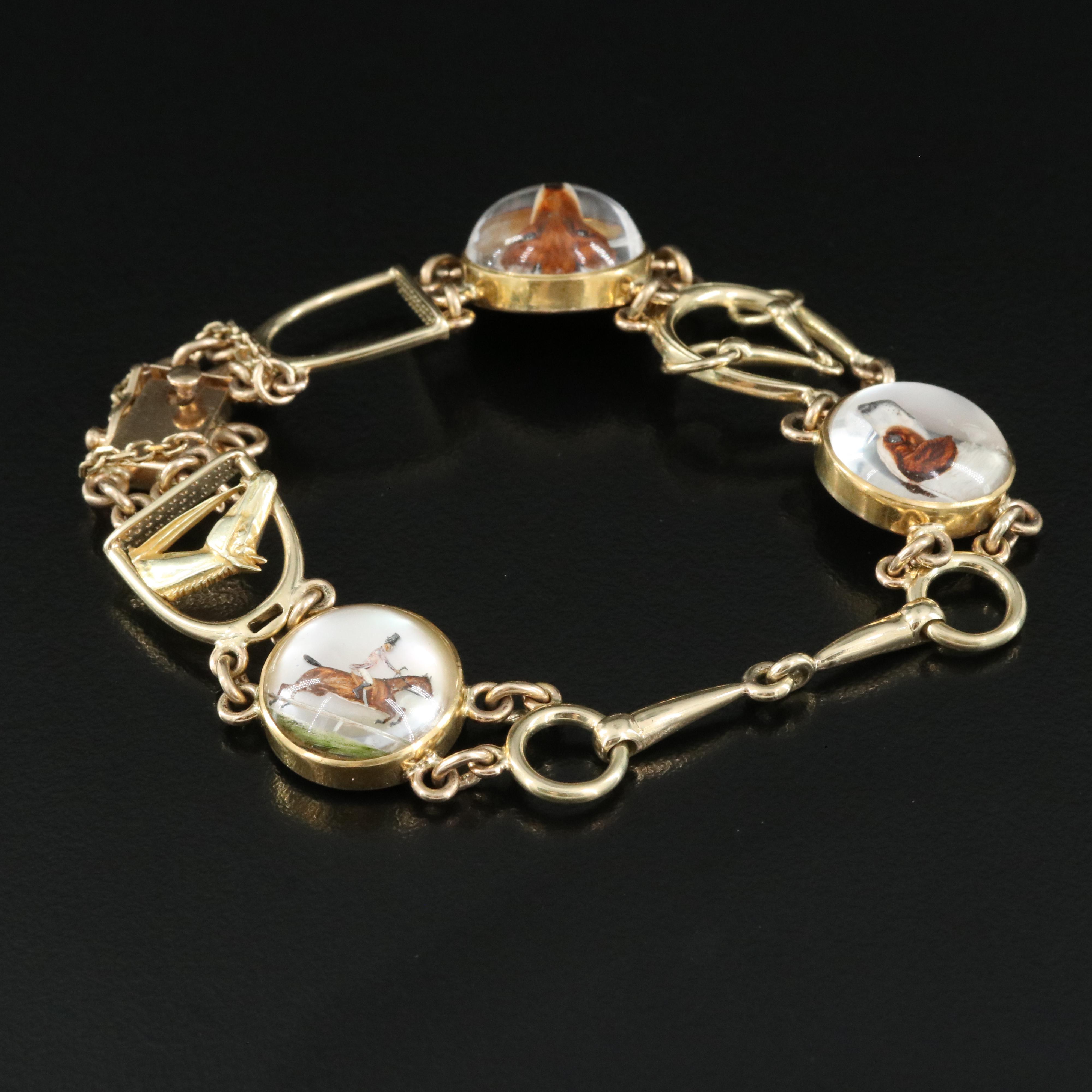 Antique 14K Essex Crystal Equestrian and Fox Hunt Bracelet