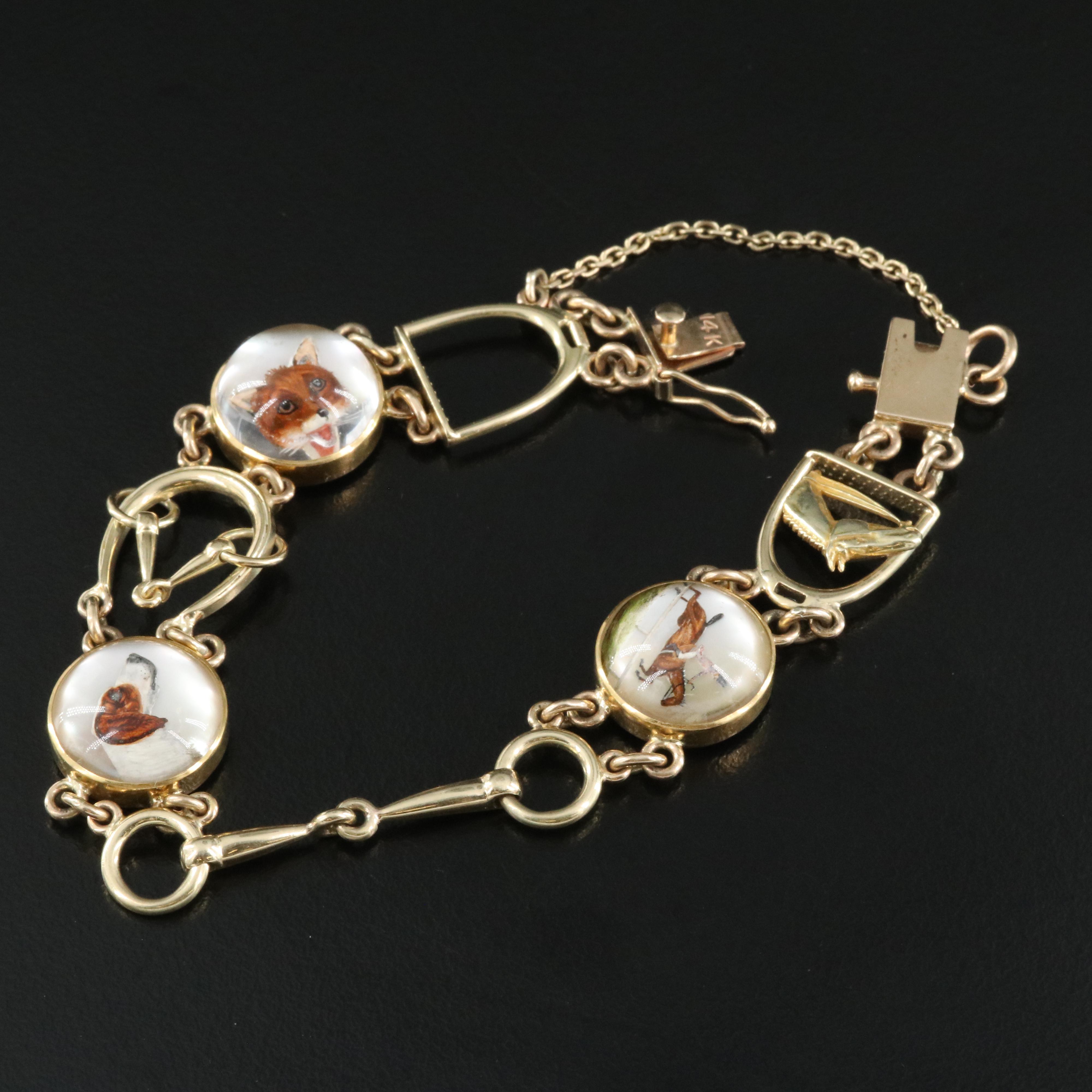 Antique 14K Essex Crystal Equestrian and Fox Hunt Bracelet