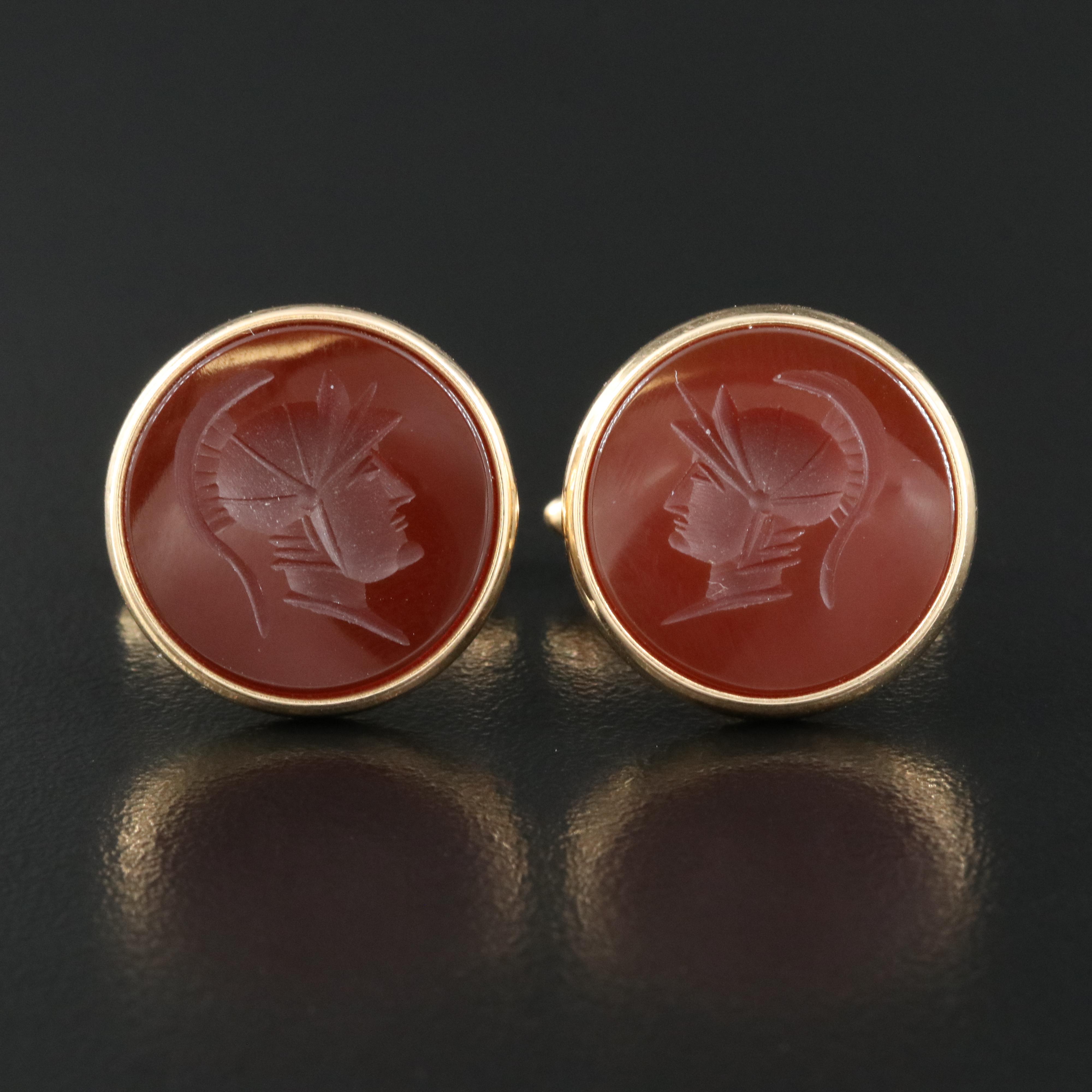 14K Carnelian Intaglio Roman Soldier Cufflinks