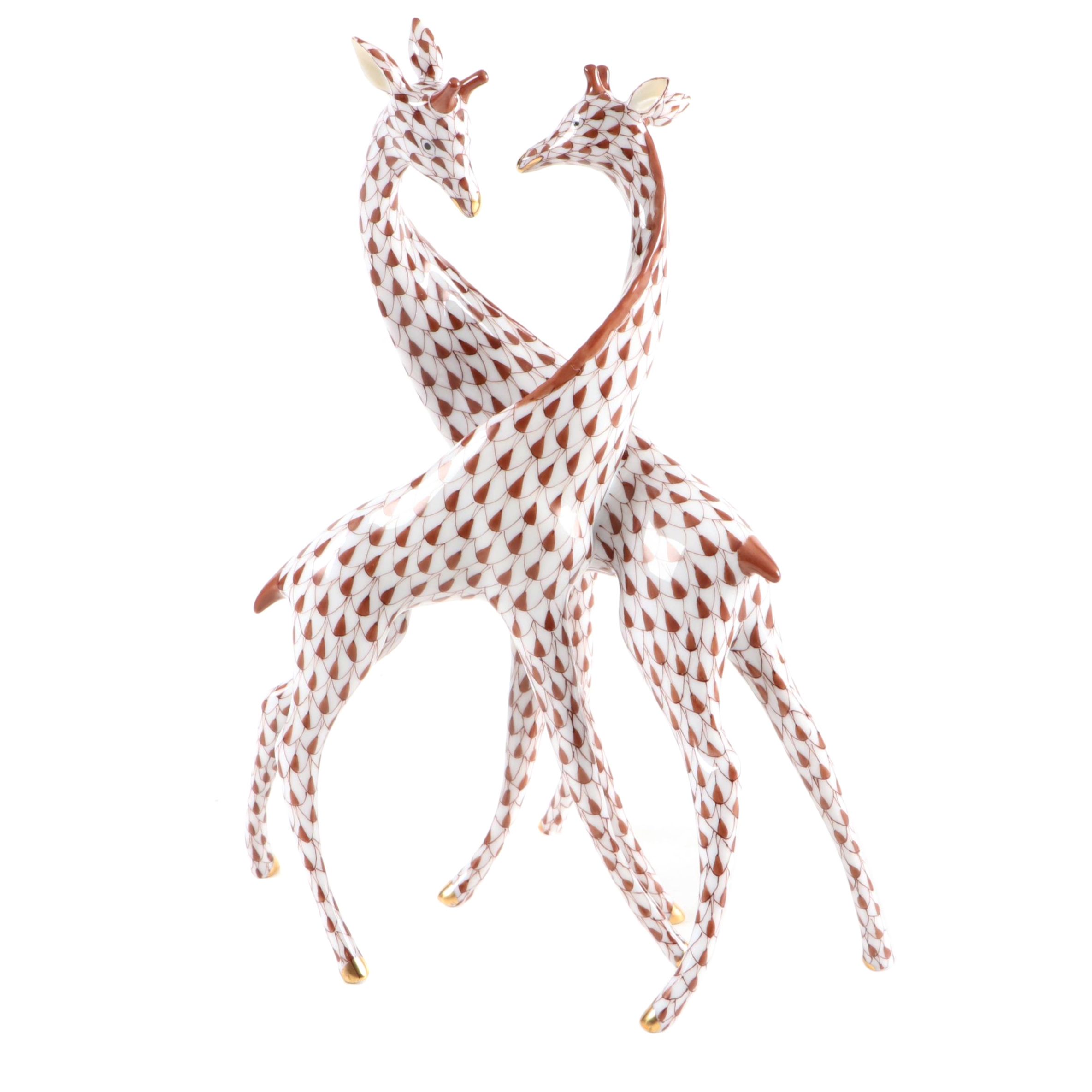 Herend Chocolate Fishnet with Gold "Pair of Giraffes" Porcelain Figurine