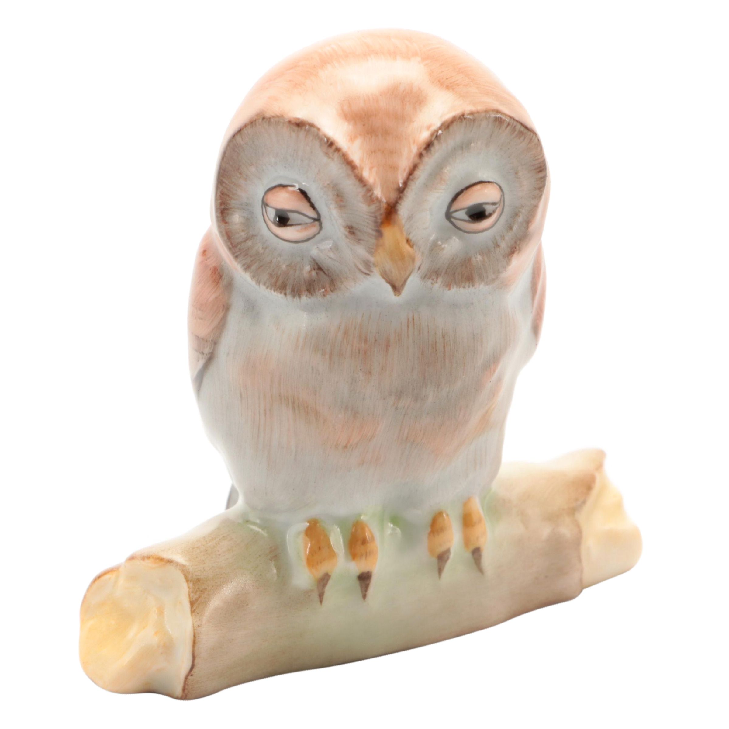 Herend Natural "Owl on Branch" Porcelain Figurine
