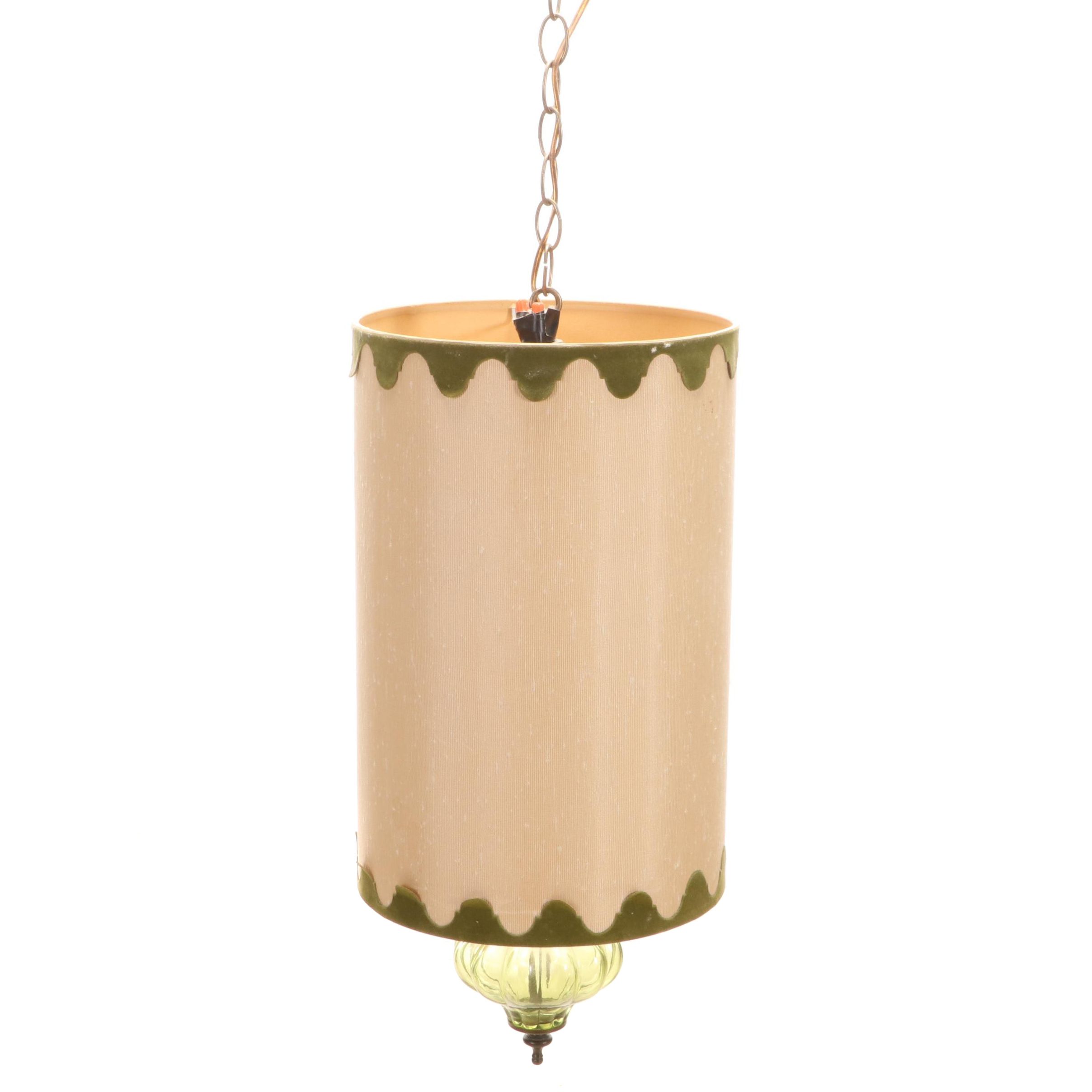 Mid Century Modern Green Glass Pendant Light With Velvet Accented Drum Shade