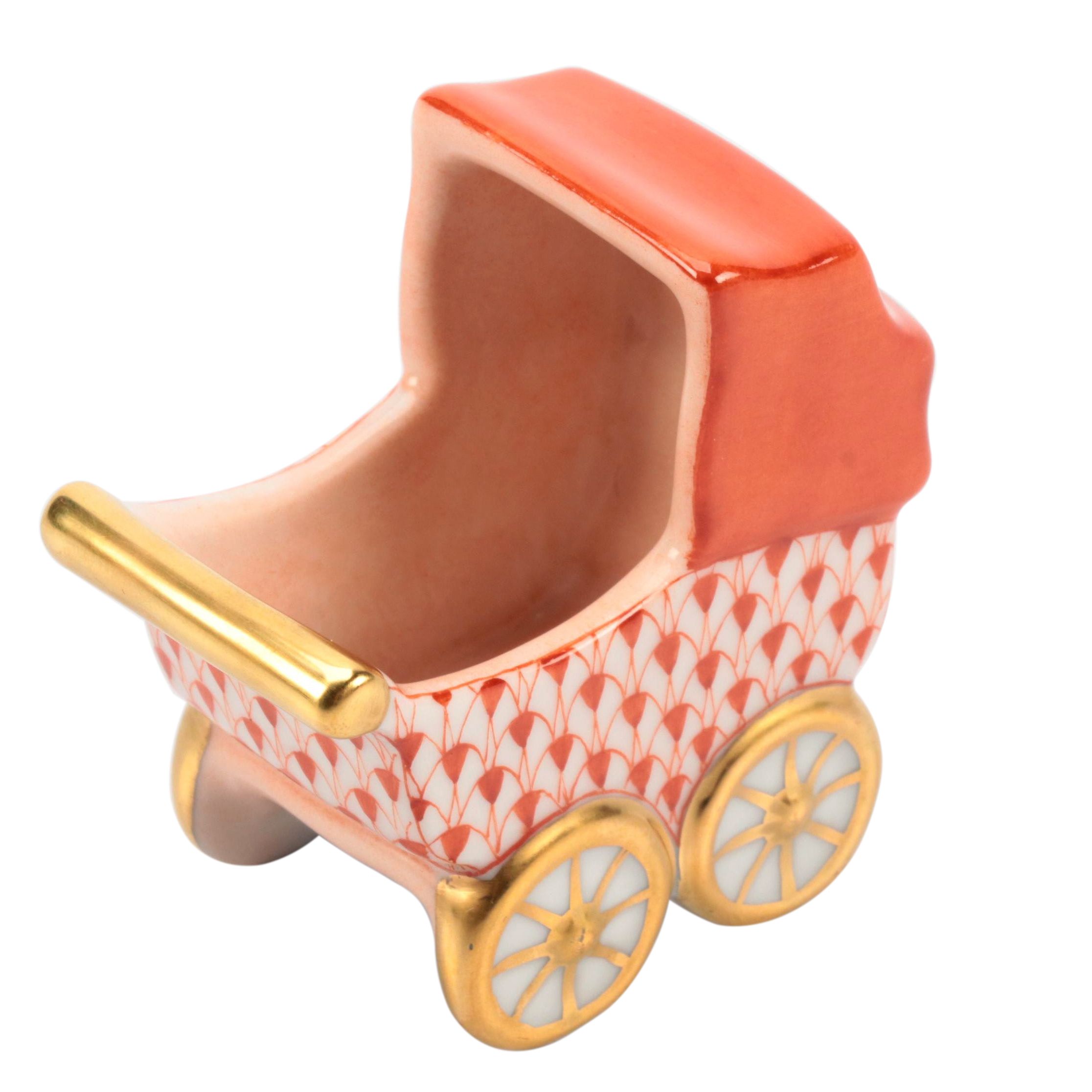 Herend Rust Fishnet with Gold "Baby Carriage" Porcelain Figurine