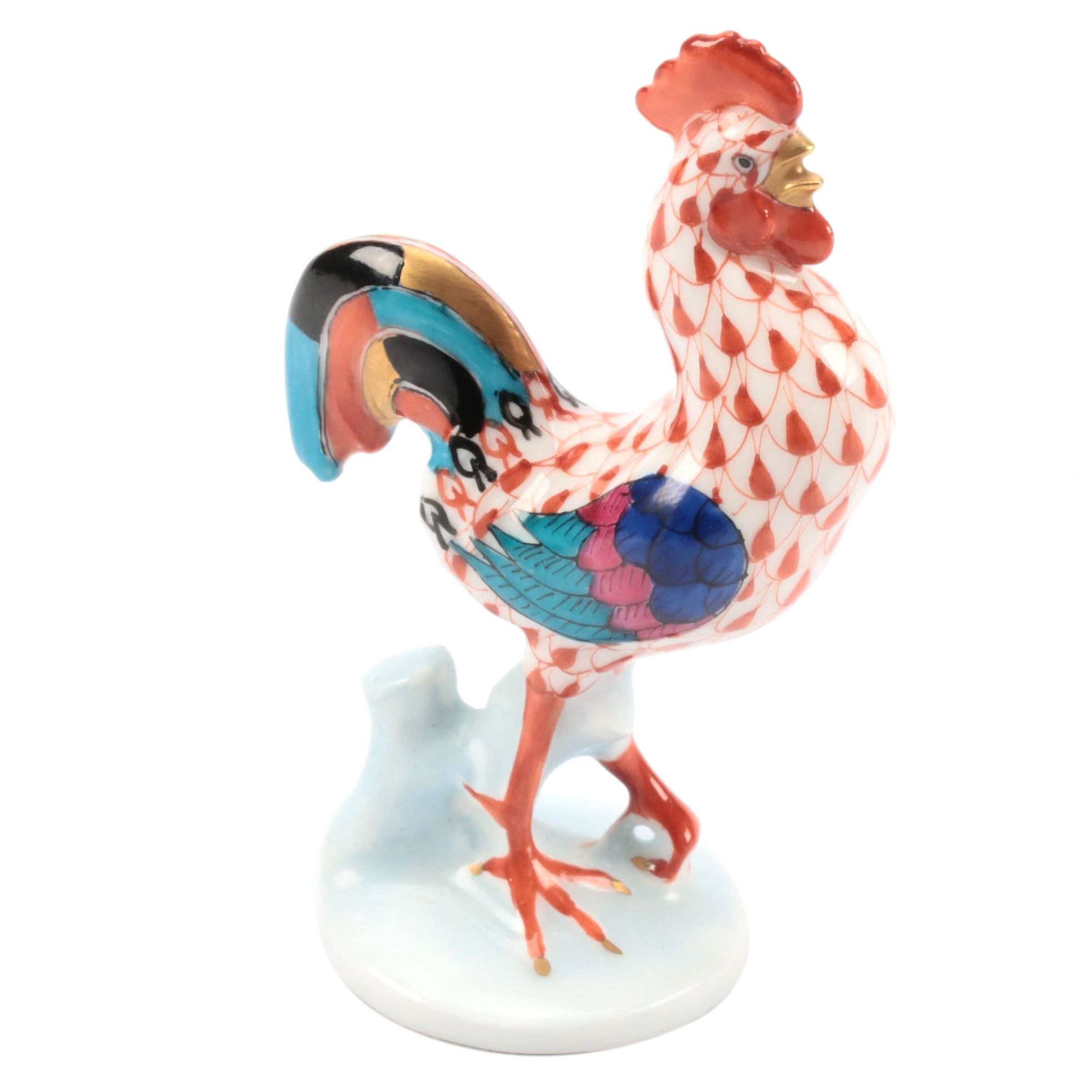 Herend Rust Fishnet with Gold Rooster Porcelain Figurine