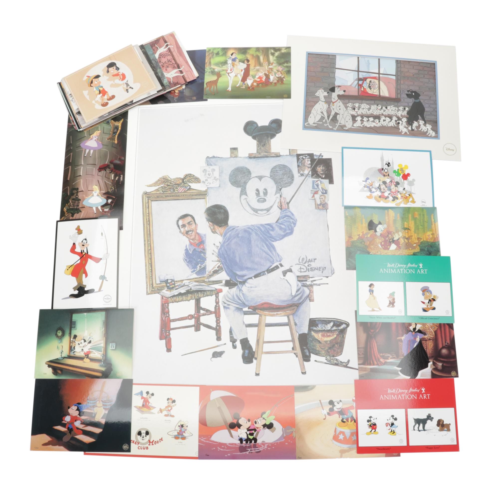 Charles Boyer Offset Lithograph "Walt and Mickey Mouse" With Disney Postcards