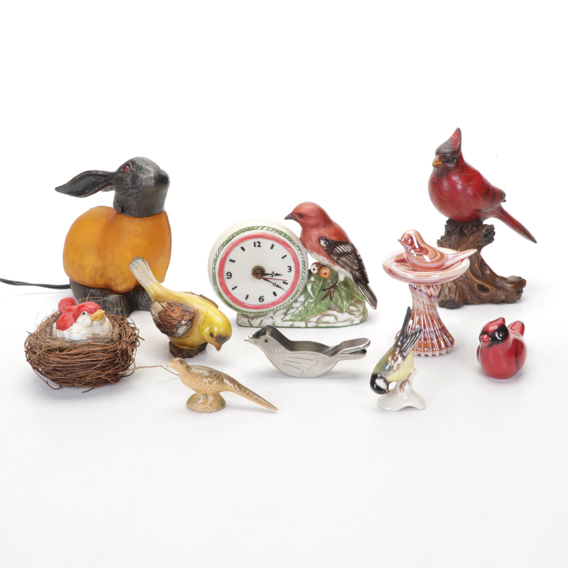Mottled Amber Glass Rabbit Table Lamp, Porcelain Bird Clock, and More Figurines