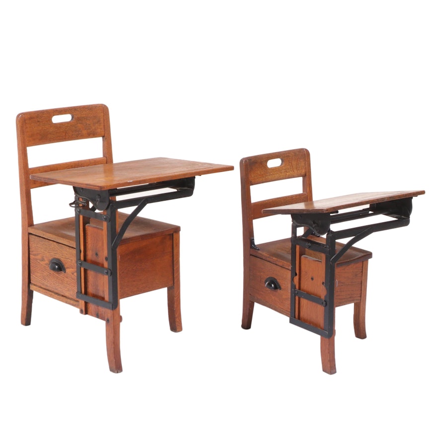 Two Oak Adjustable Child's Desks, Including Moulthrop for Langslow-Fowler Co.