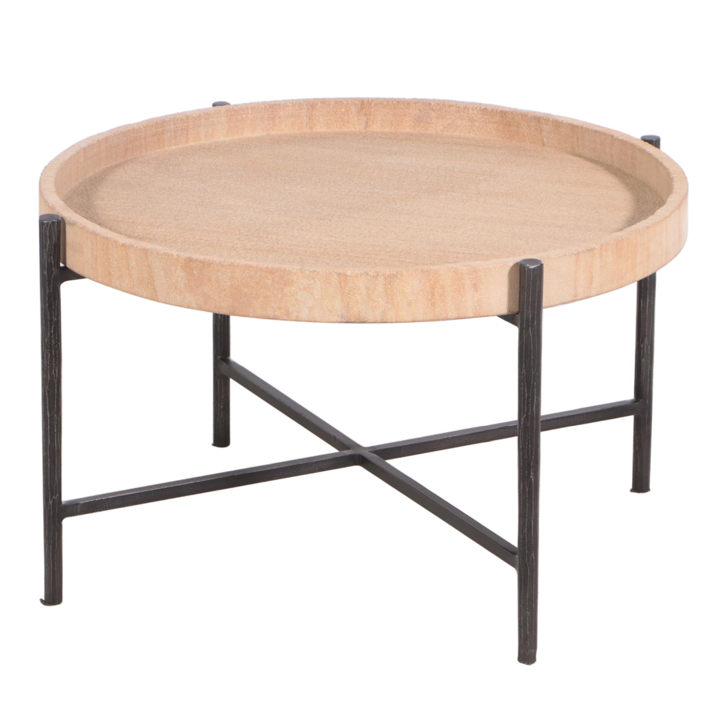 Modern Carved Stone and Steel Coffee Table