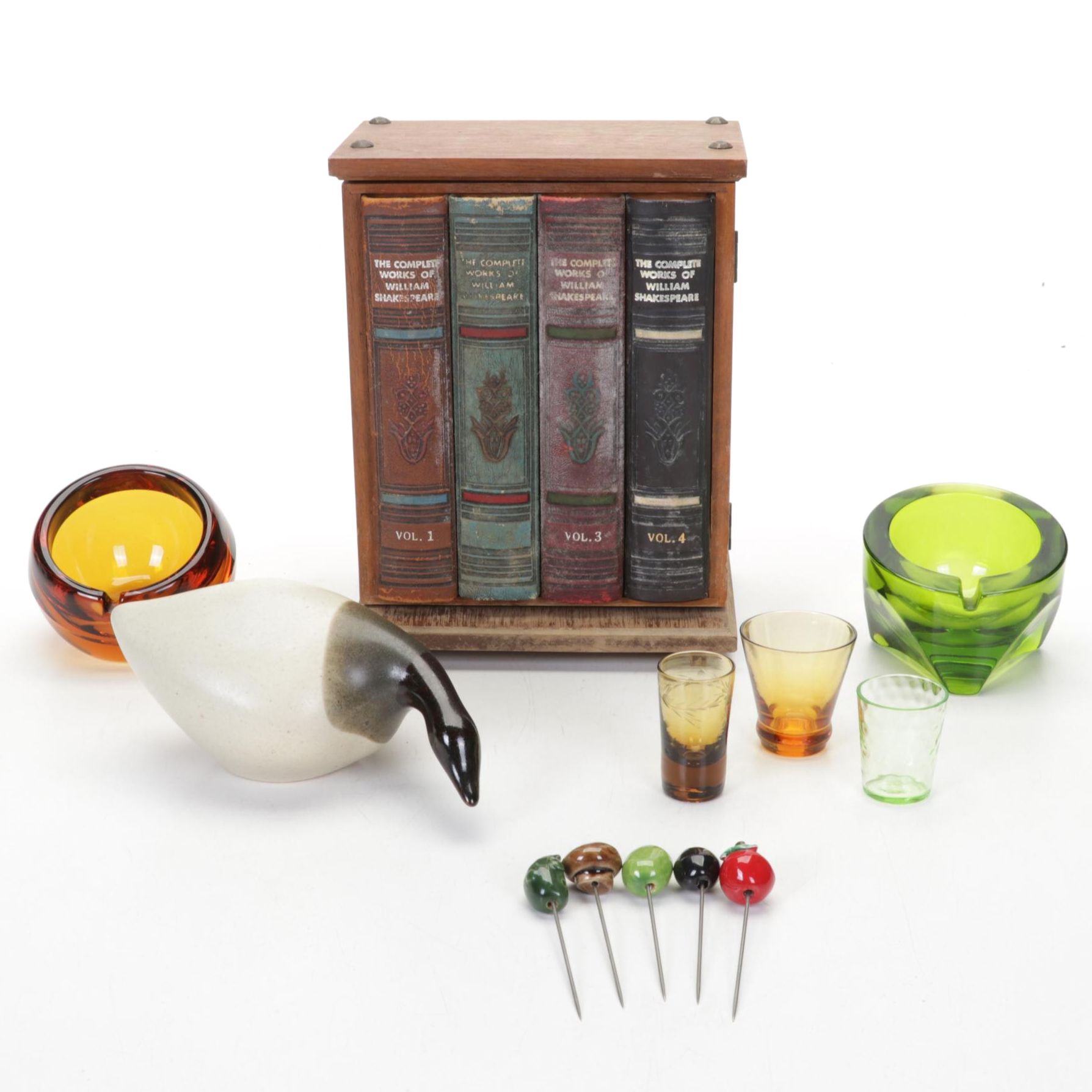 Viking Glass Ashtrays with Faux Book Bar and Other Barware and Figurine