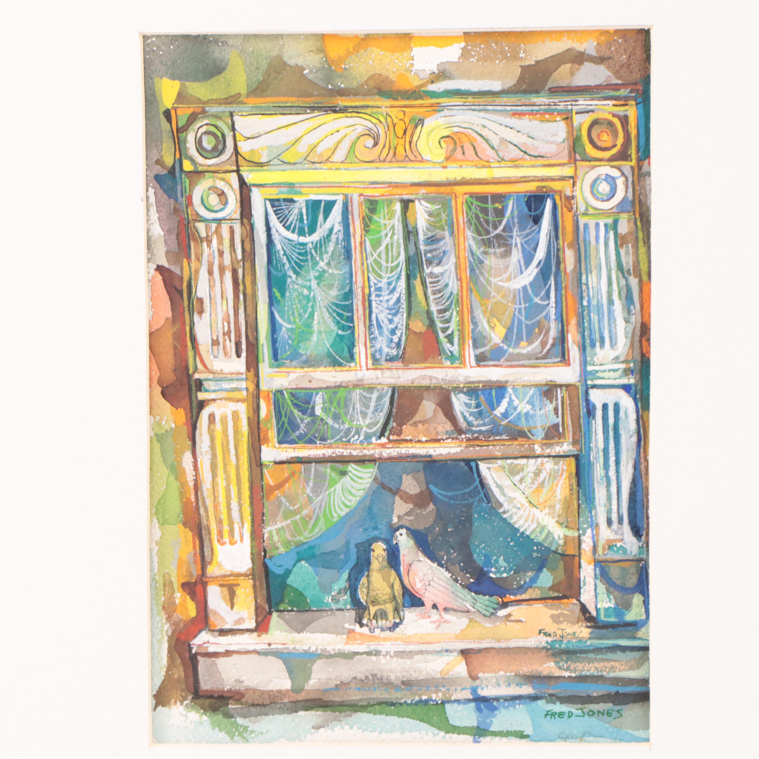 Fred Jones Watercolor Painting of Birds In Window