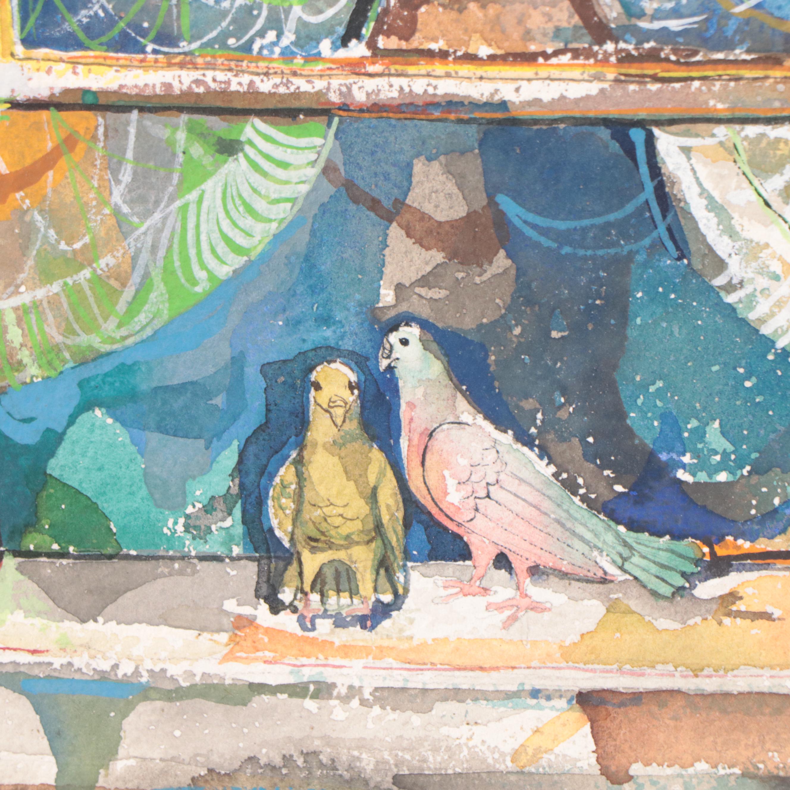 Fred Jones Watercolor Painting of Birds In Window