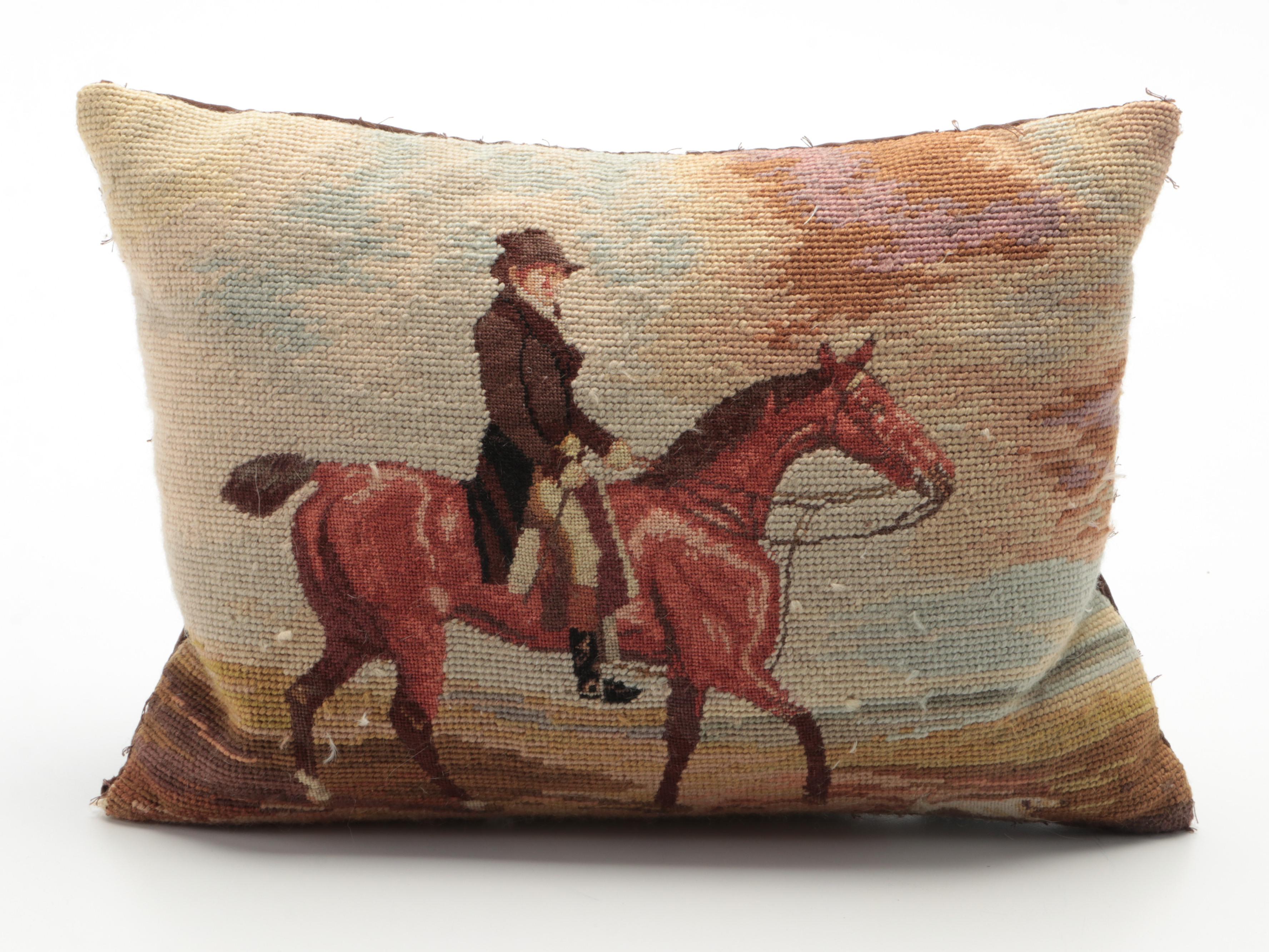 Katha Diddél Needlepoint Equestrian Accent Pillow, Framed Fox Hunt Prints
