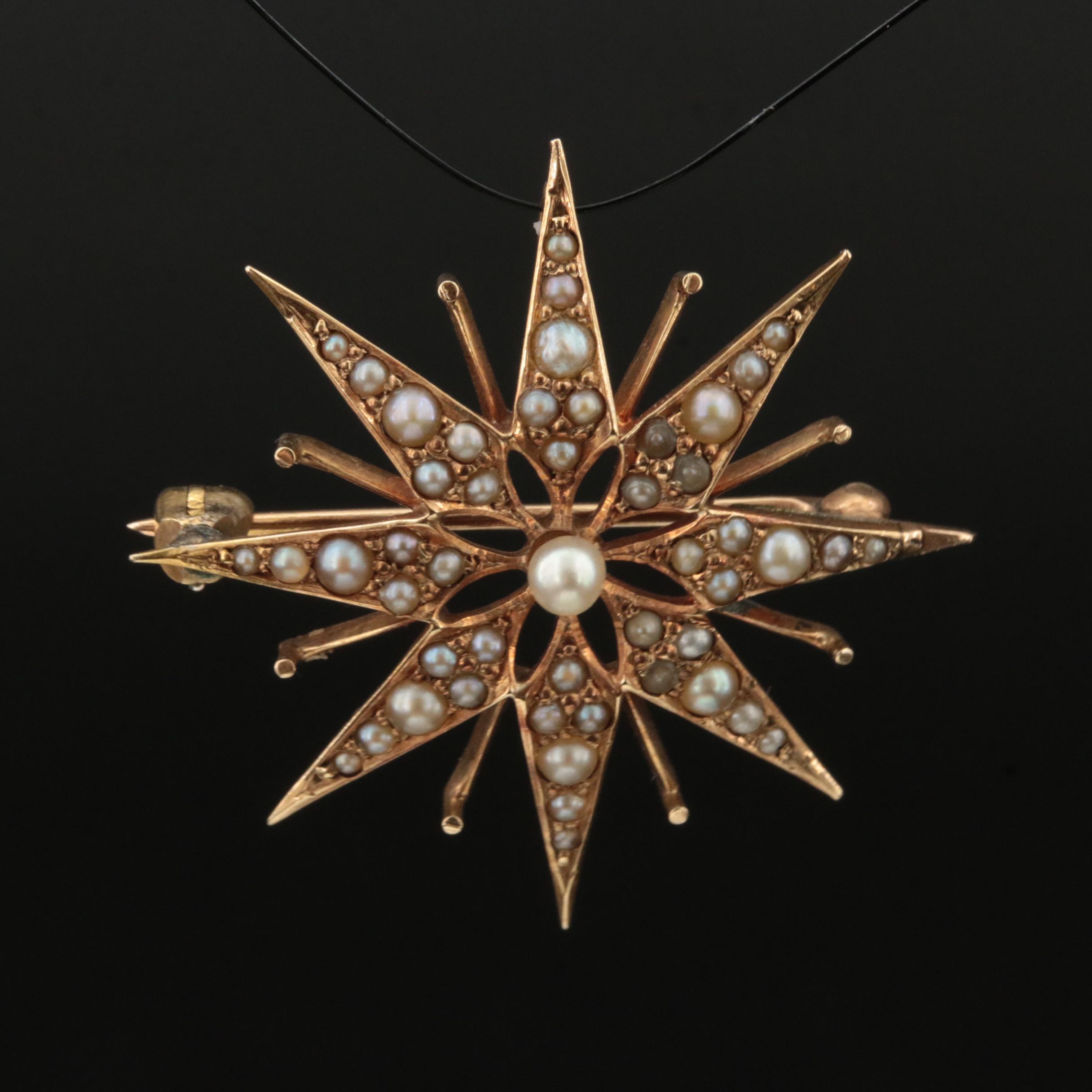 Antique 14K Seed Pearl Starburst Brooch with Watch Hook