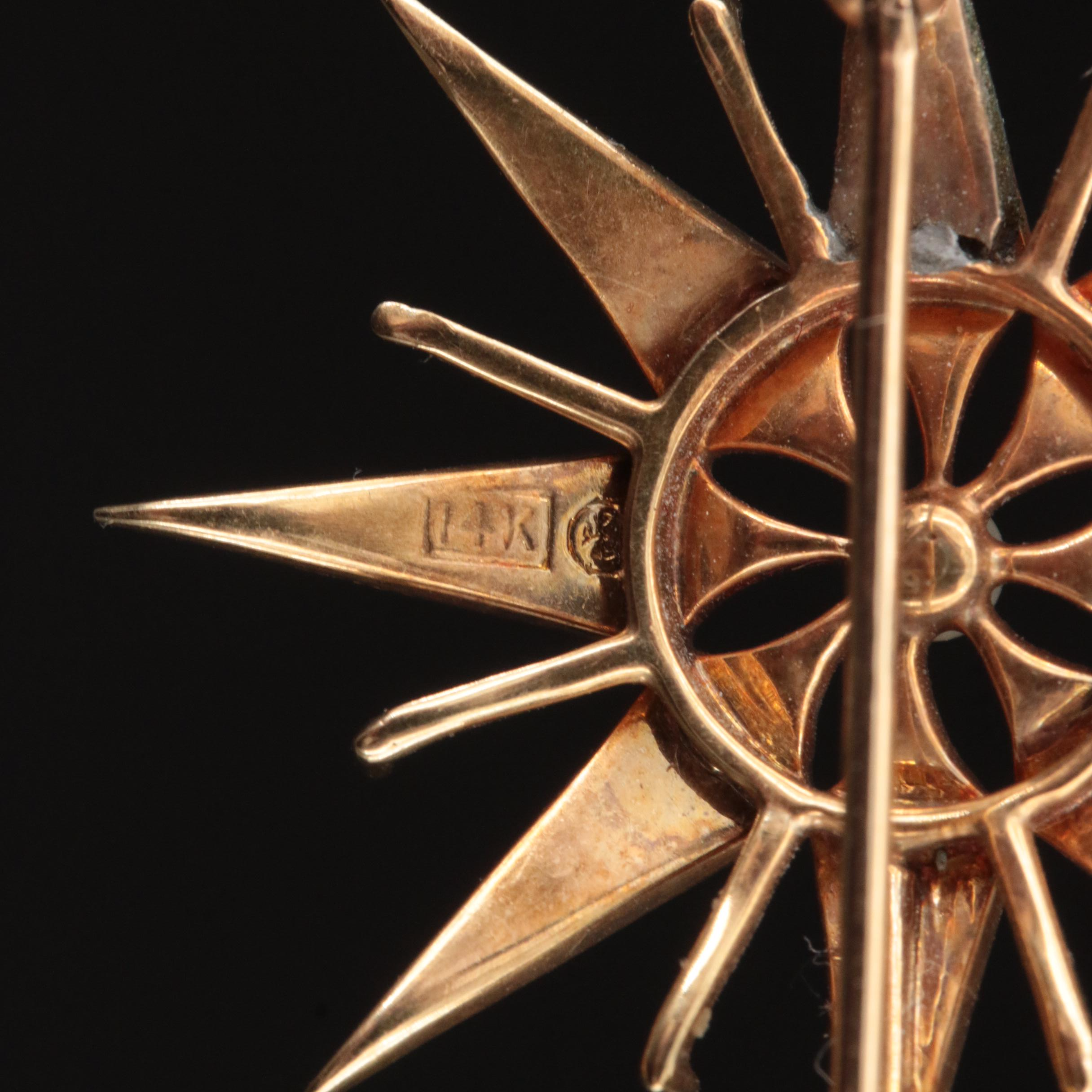 Antique 14K Seed Pearl Starburst Brooch with Watch Hook