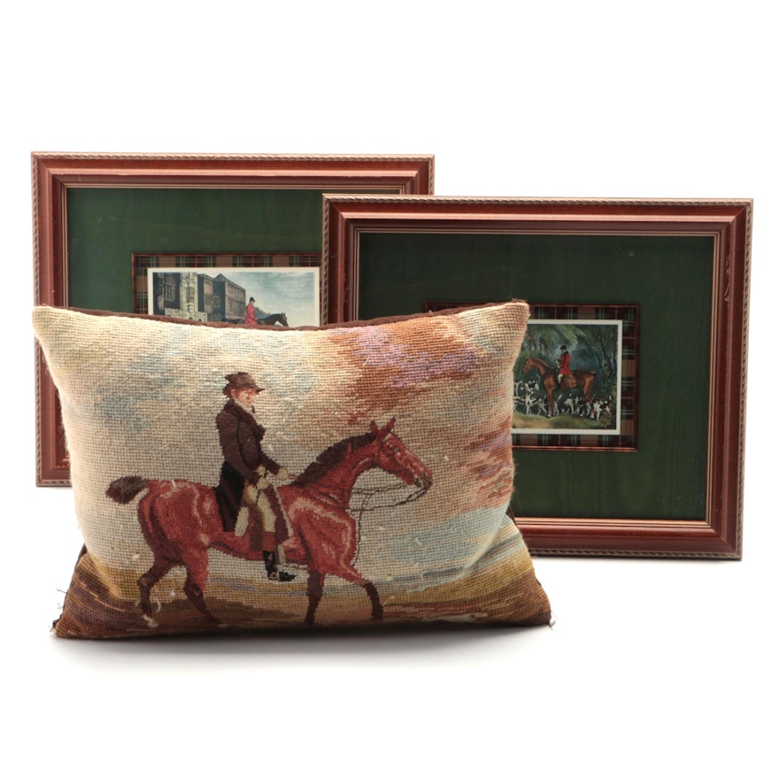 Katha Diddél Needlepoint Equestrian Accent Pillow, Framed Fox Hunt Prints