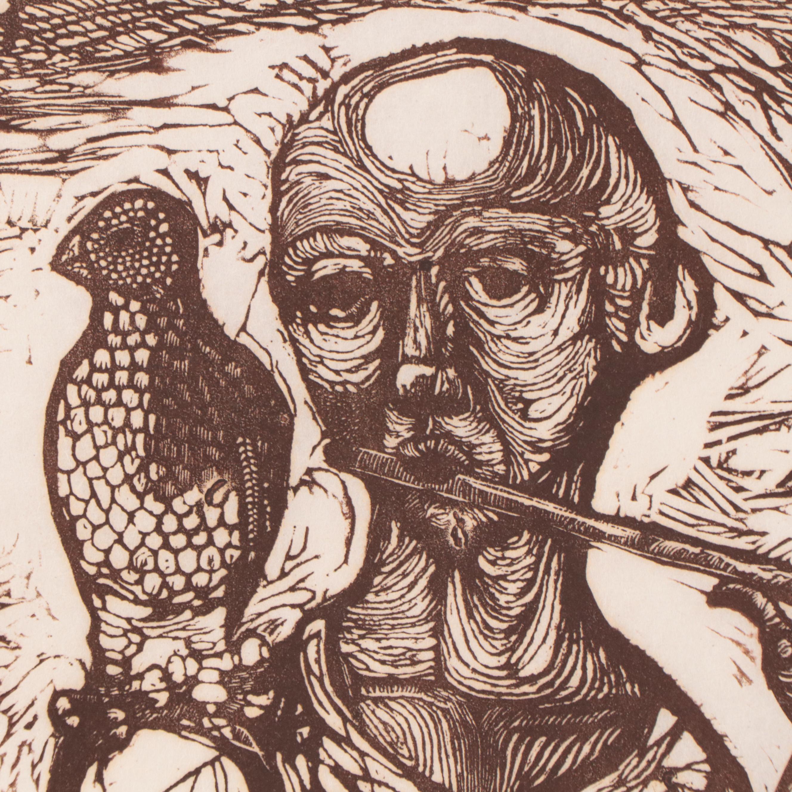 Fred Jones Linocut "The Flutist," 1980