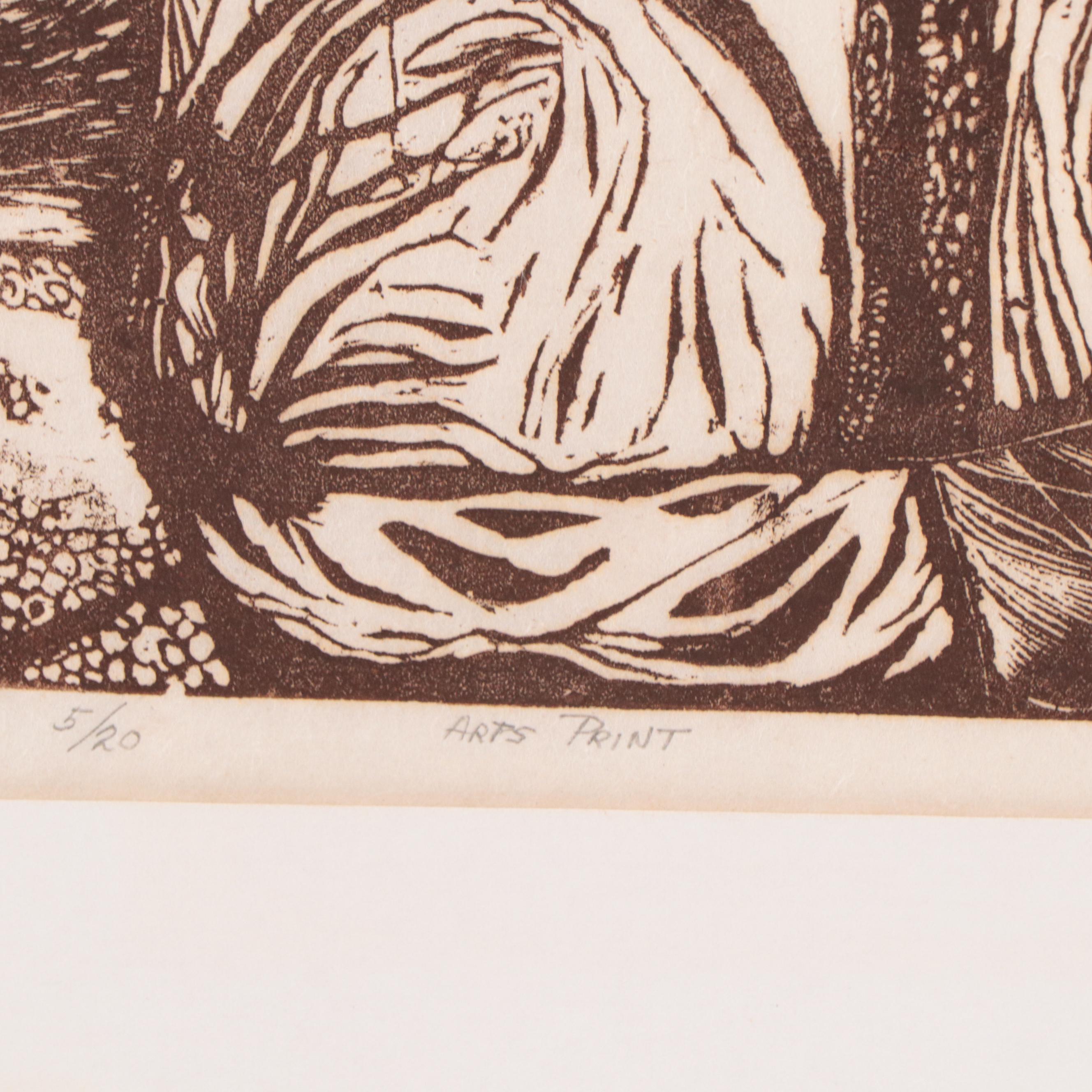 Fred Jones Linocut "The Flutist," 1980