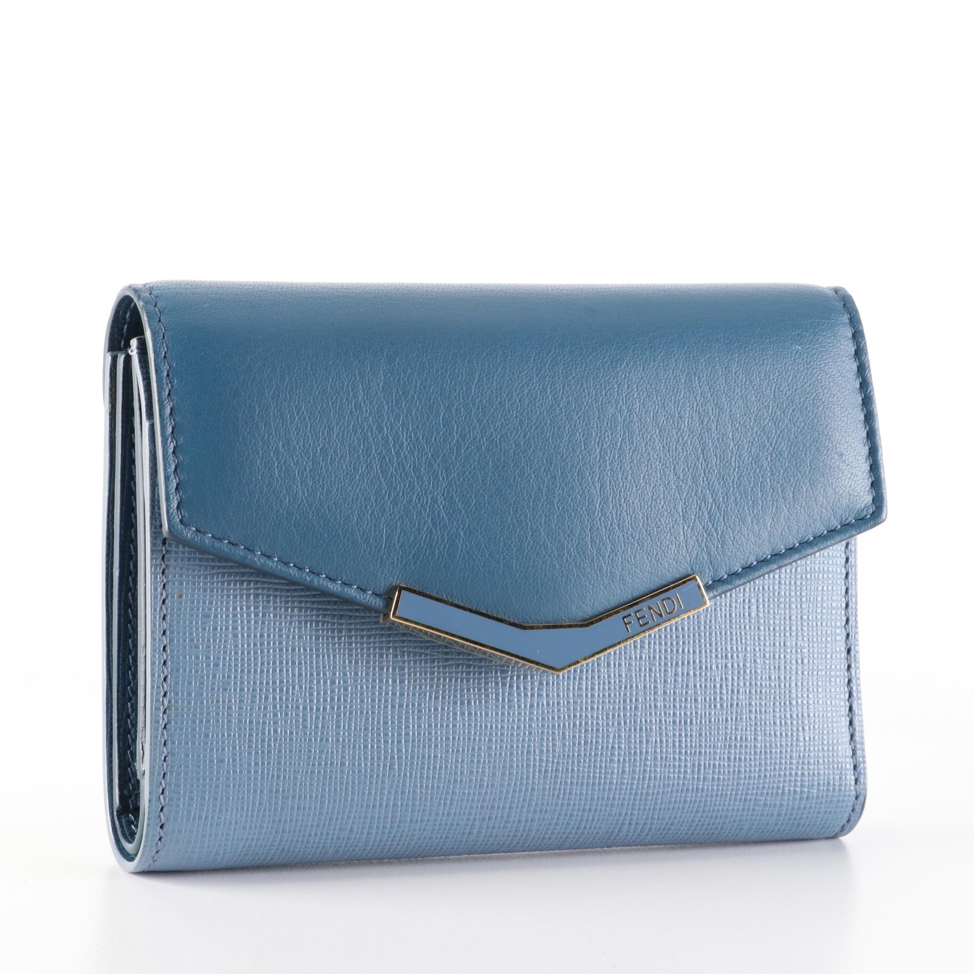 Fendi Trifold Wallet in Blue Grained and Cross Grain Textured Leather