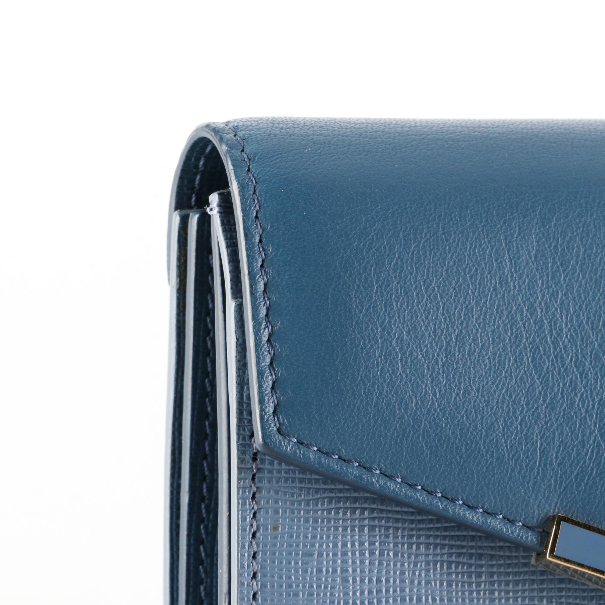 Fendi Trifold Wallet in Blue Grained and Cross Grain Textured Leather