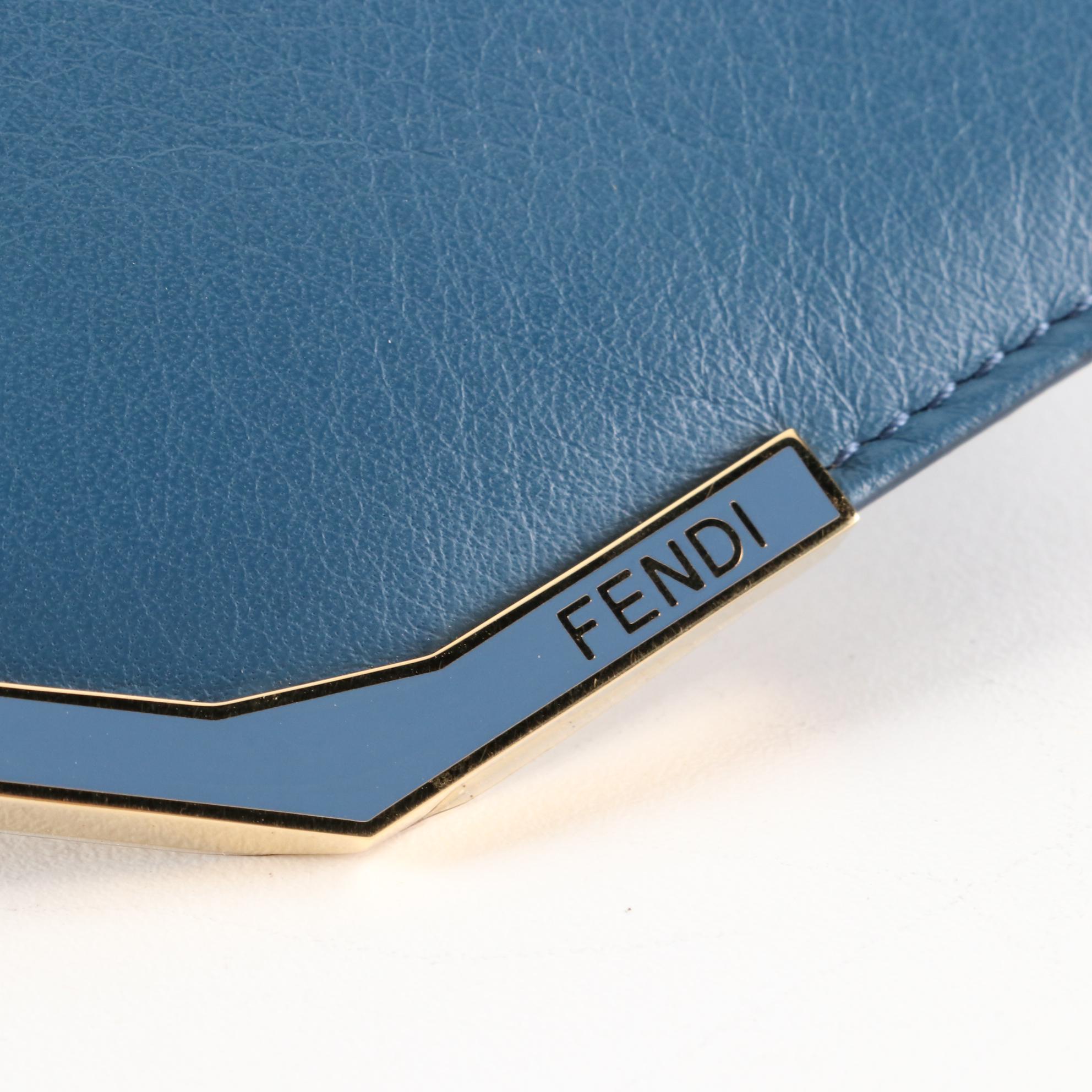 Fendi Trifold Wallet in Blue Grained and Cross Grain Textured Leather