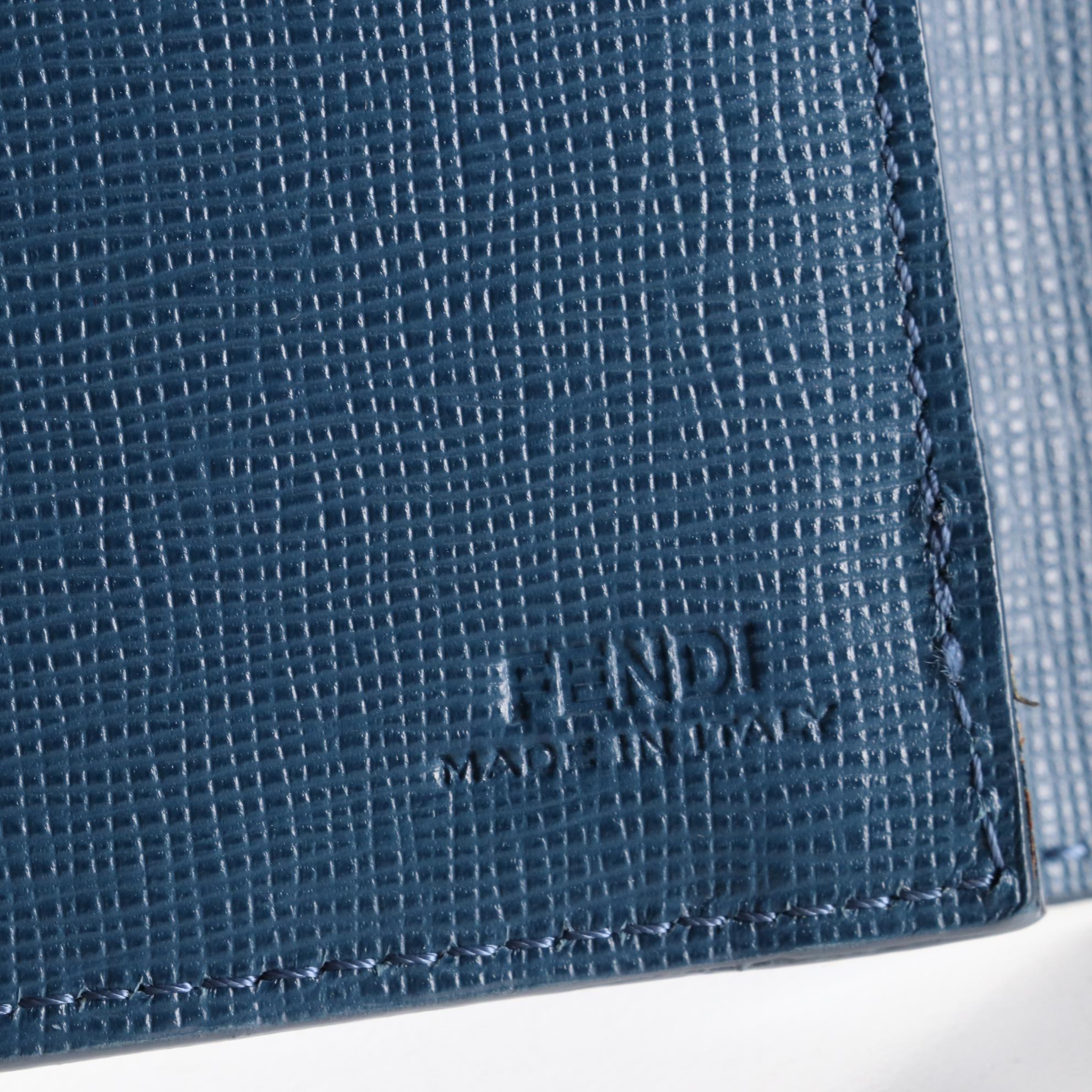 Fendi Trifold Wallet in Blue Grained and Cross Grain Textured Leather
