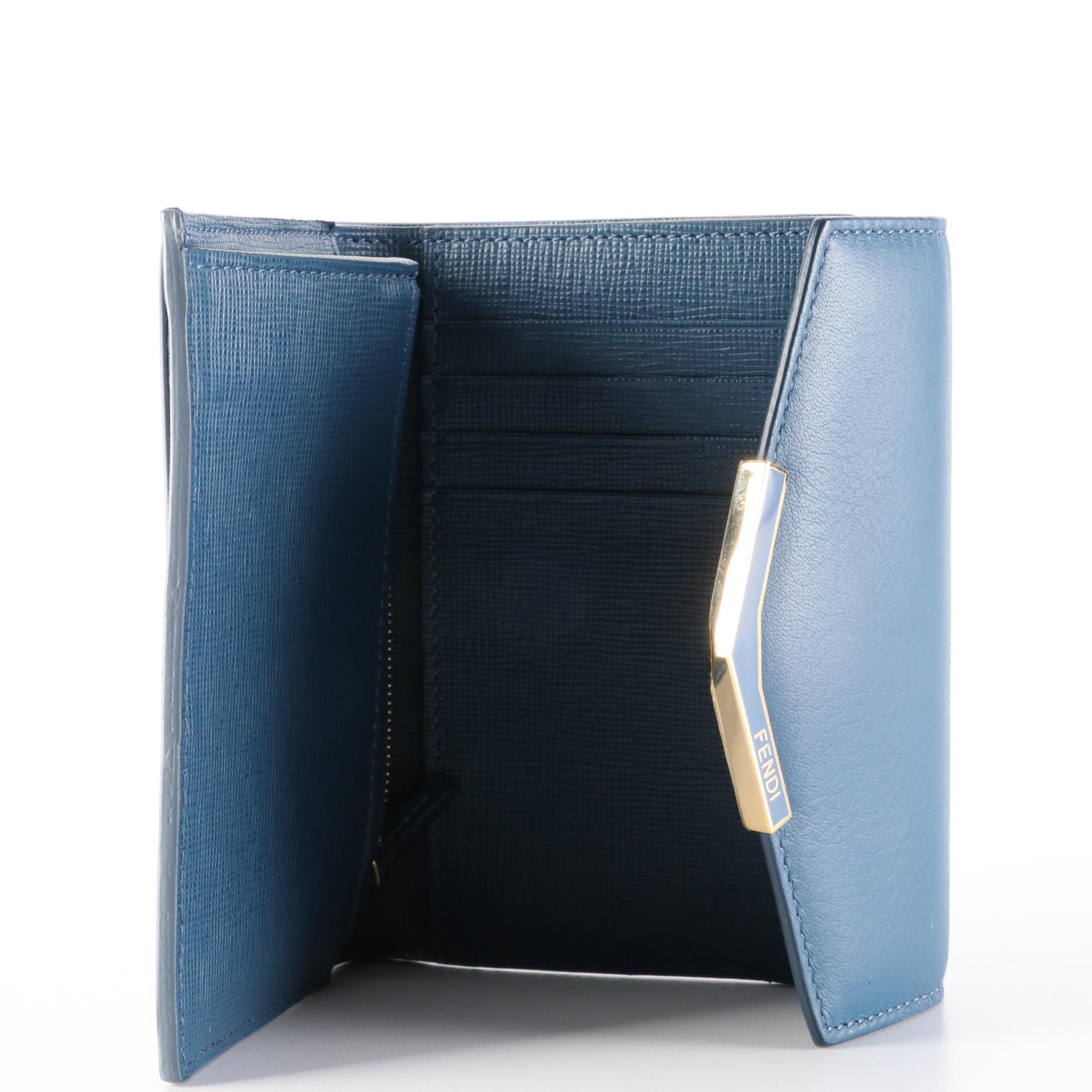 Fendi Trifold Wallet in Blue Grained and Cross Grain Textured Leather
